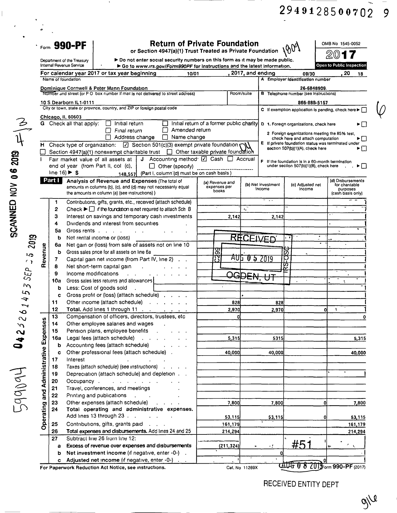 Image of first page of 2017 Form 990PF for Dominique Cornwell and Peter Mann Family Foundation