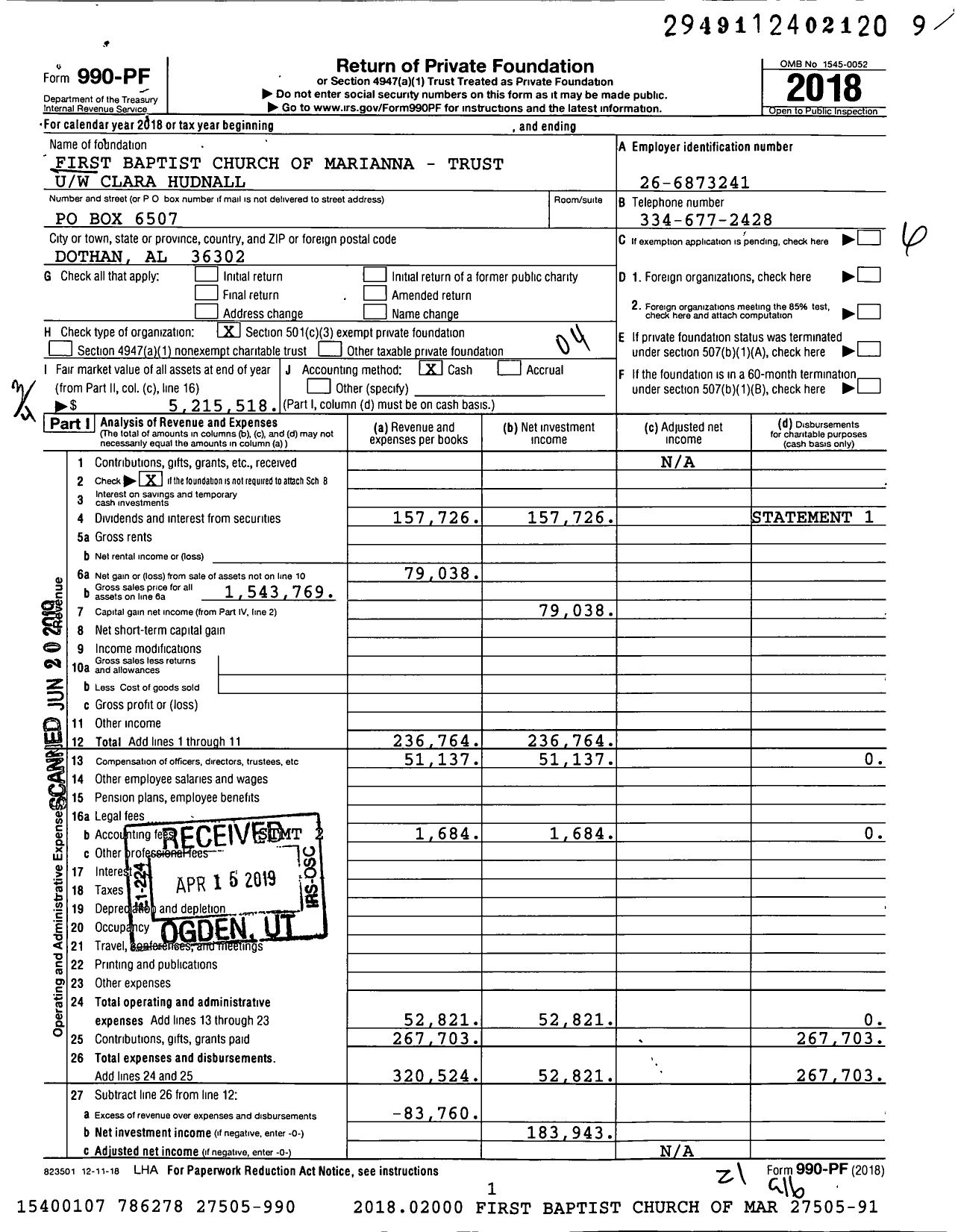 Image of first page of 2018 Form 990PF for First Baptist Church of Marianna - Trust U / W Clara Hudnall