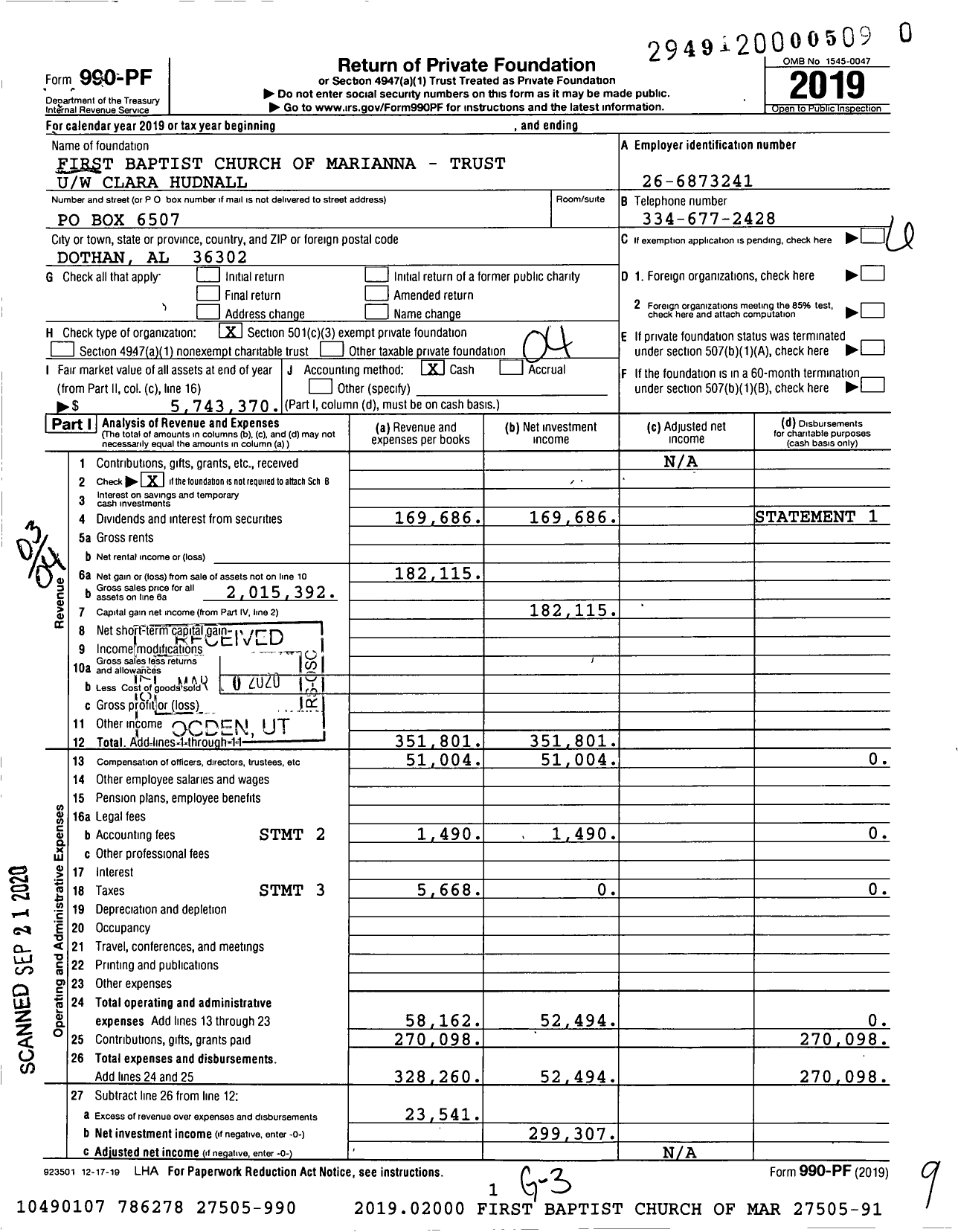 Image of first page of 2019 Form 990PR for First Baptist Church of Marianna - Trust U / W Clara Hudnall