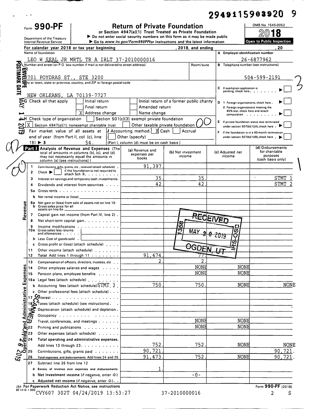 Image of first page of 2018 Form 990PF for Leo W Seal JR Marital Trust A Irlt