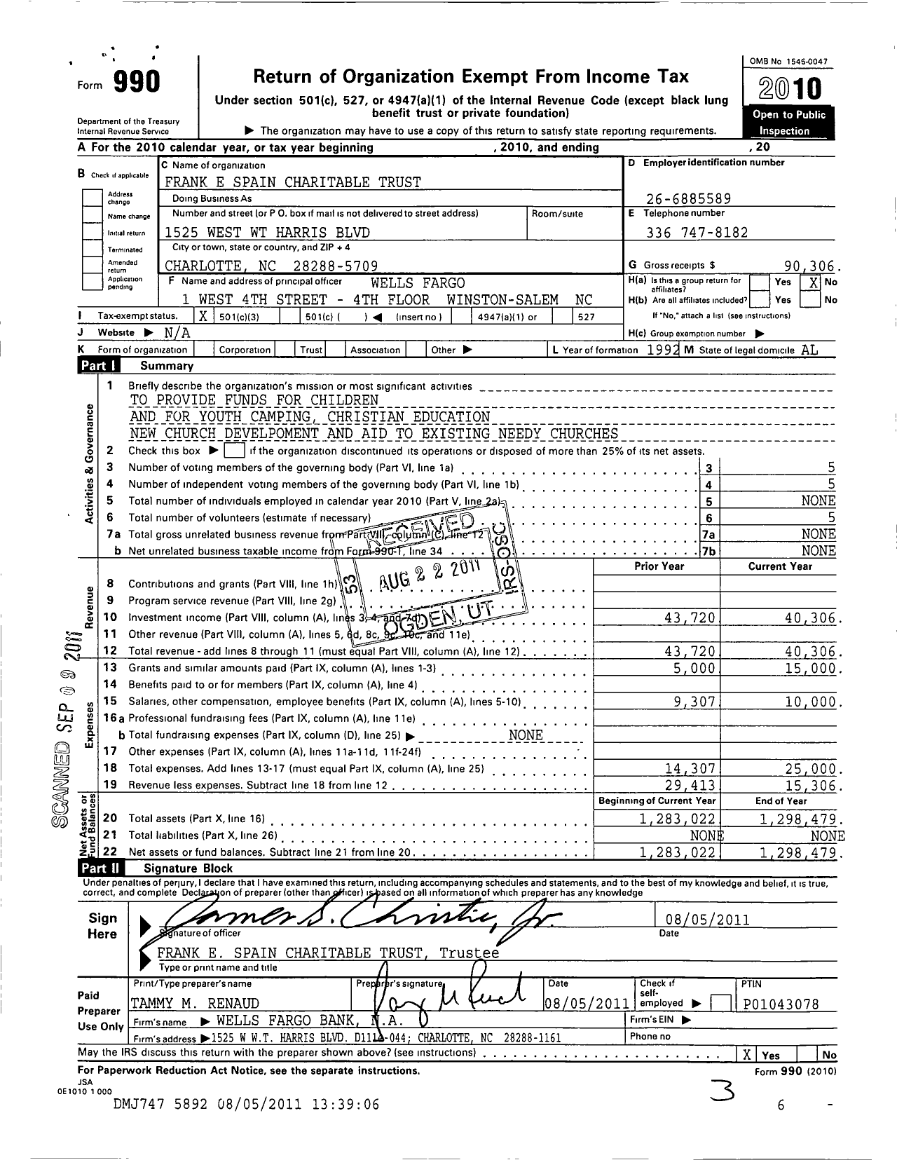 Image of first page of 2010 Form 990 for Frank E Spain Charitable Trust