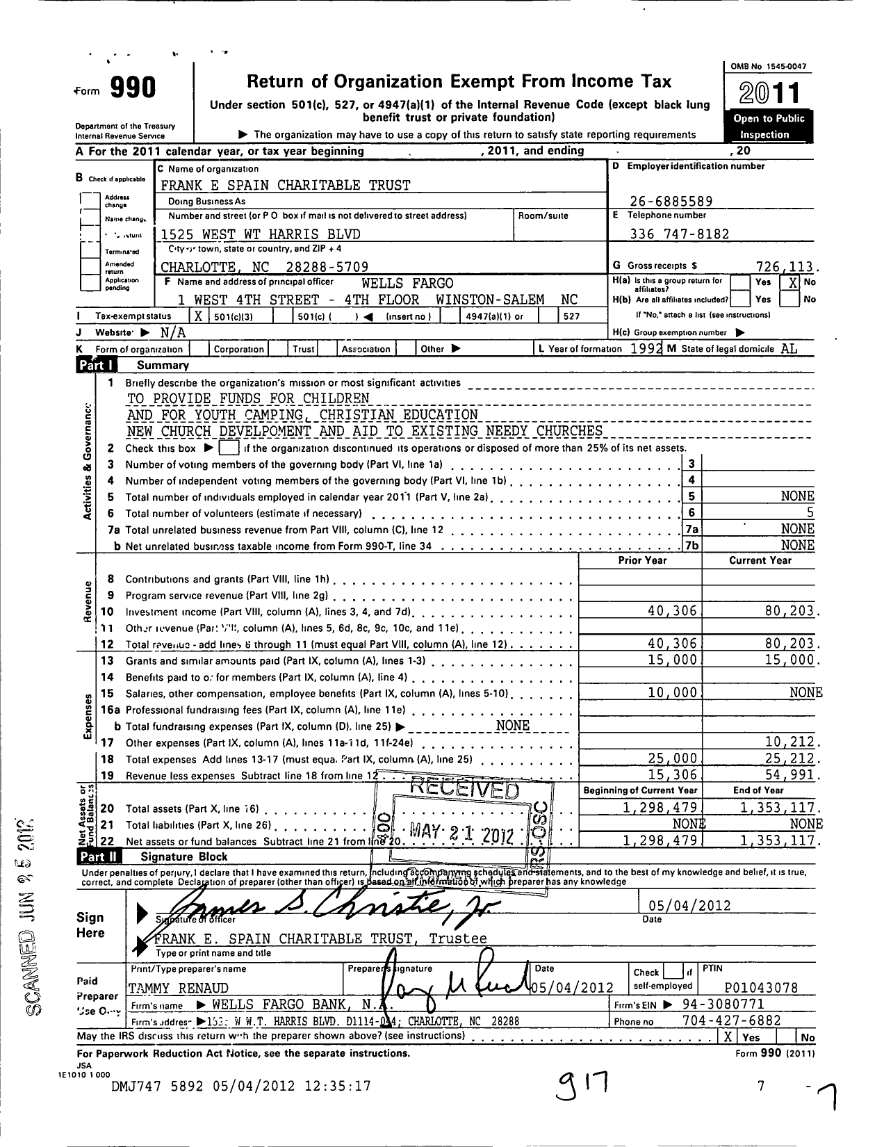 Image of first page of 2011 Form 990 for Frank E Spain Charitable Trust