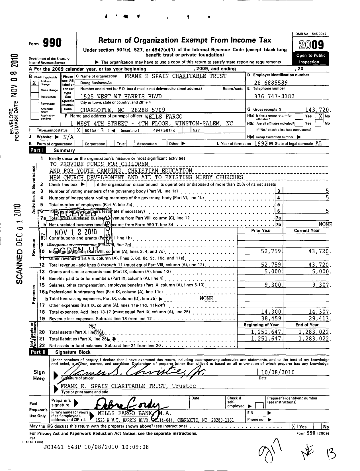 Image of first page of 2009 Form 990 for Frank E Spain Charitable Trust
