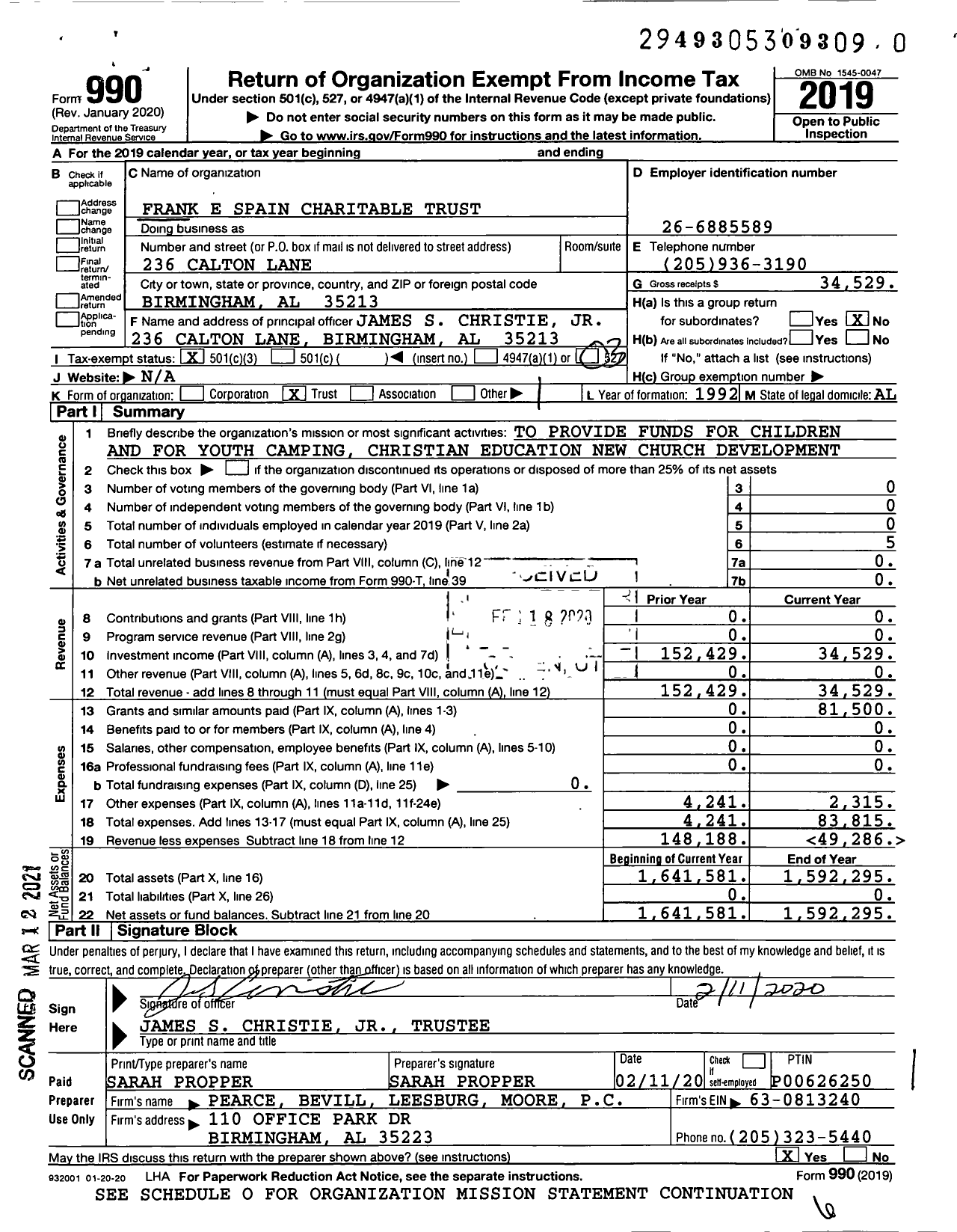 Image of first page of 2019 Form 990 for Frank E Spain Charitable Trust