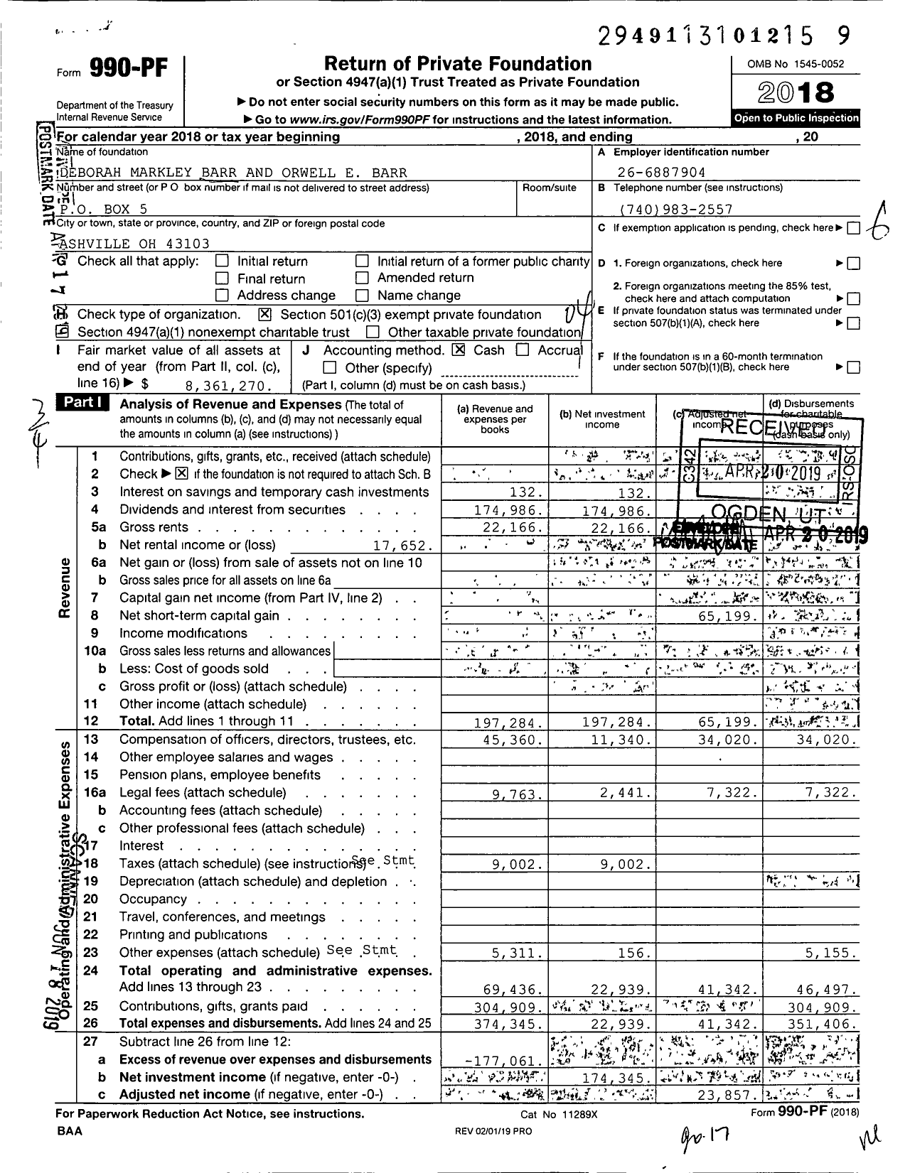 Image of first page of 2018 Form 990PF for Deborah Markley Barr and Orwell E Barr