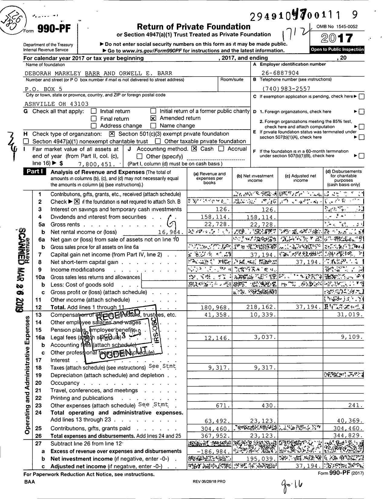 Image of first page of 2017 Form 990PF for Deborah Markley Barr and Orwell E Barr