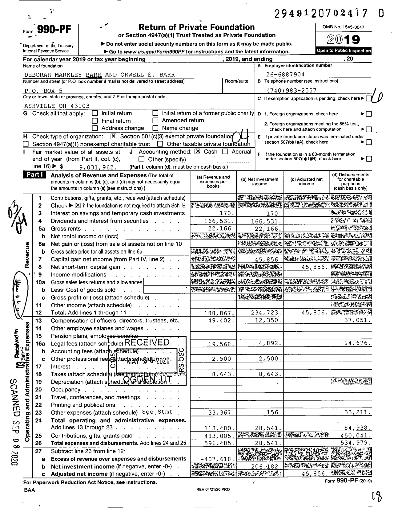 Image of first page of 2019 Form 990PR for Deborah Markley Barr and Orwell E Barr