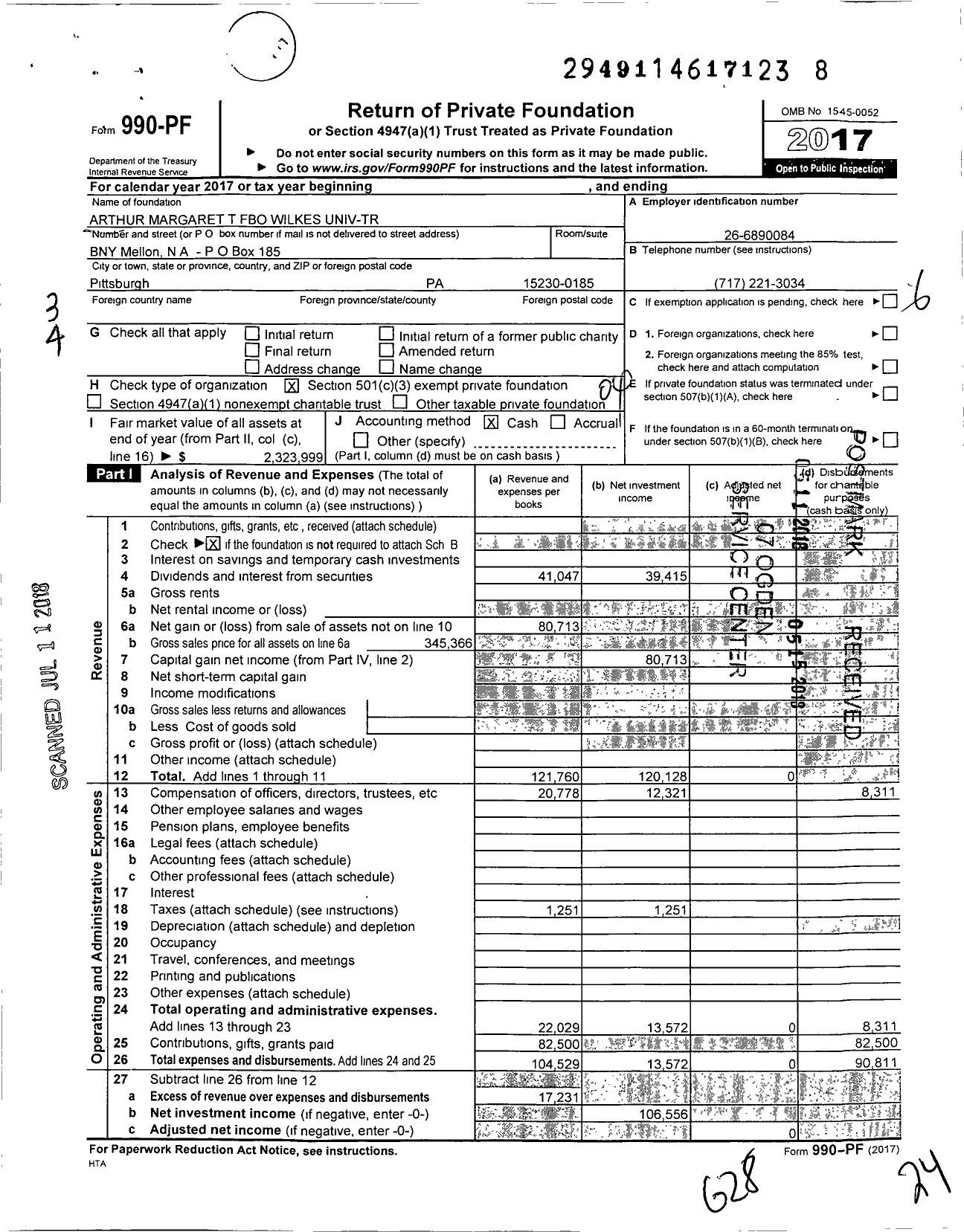 Image of first page of 2017 Form 990PF for Arthur Margaret T Fbo Wilkes Univ-Tr