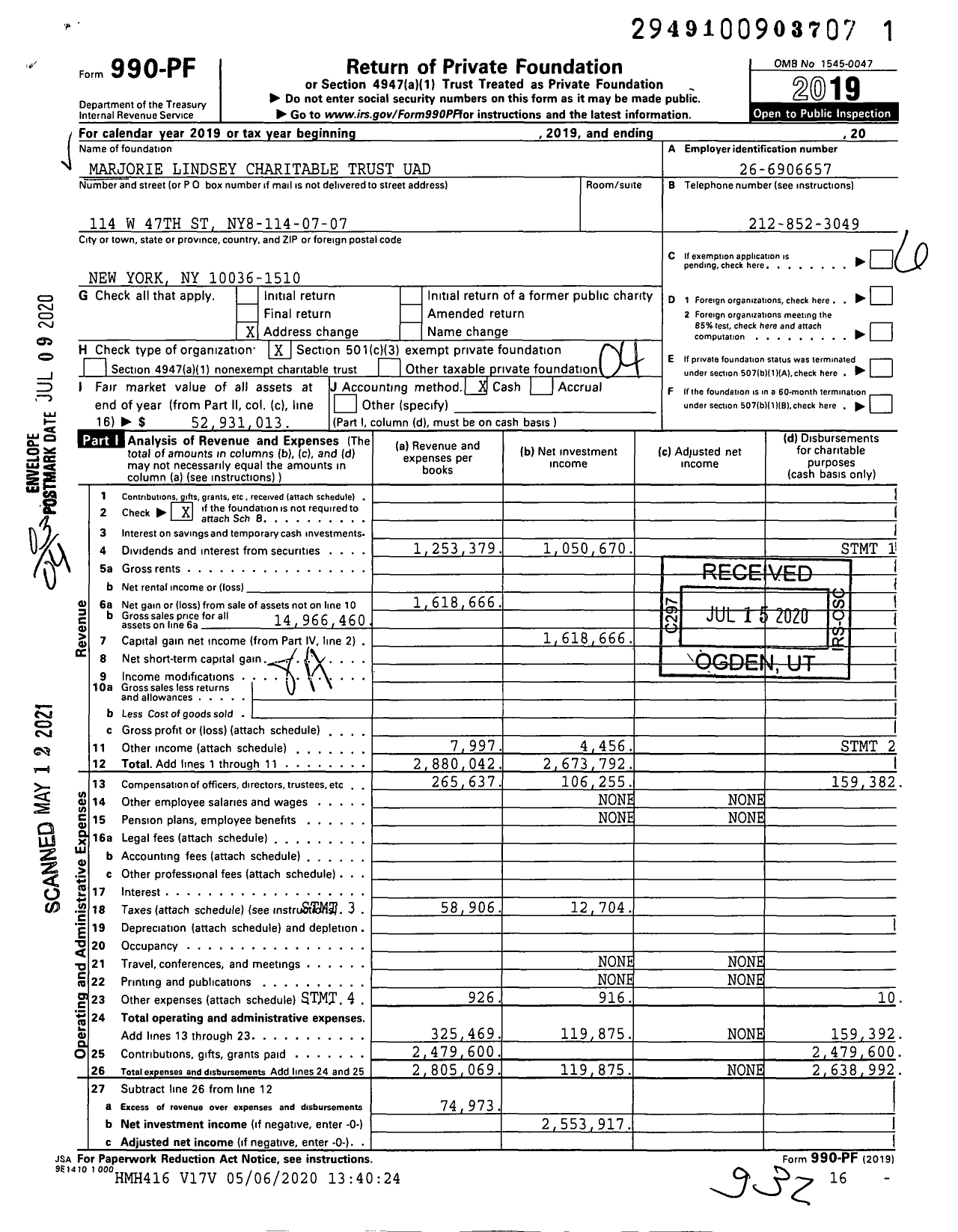 Image of first page of 2019 Form 990PF for Marjorie R. Lindsey Charitable Foundation Trust