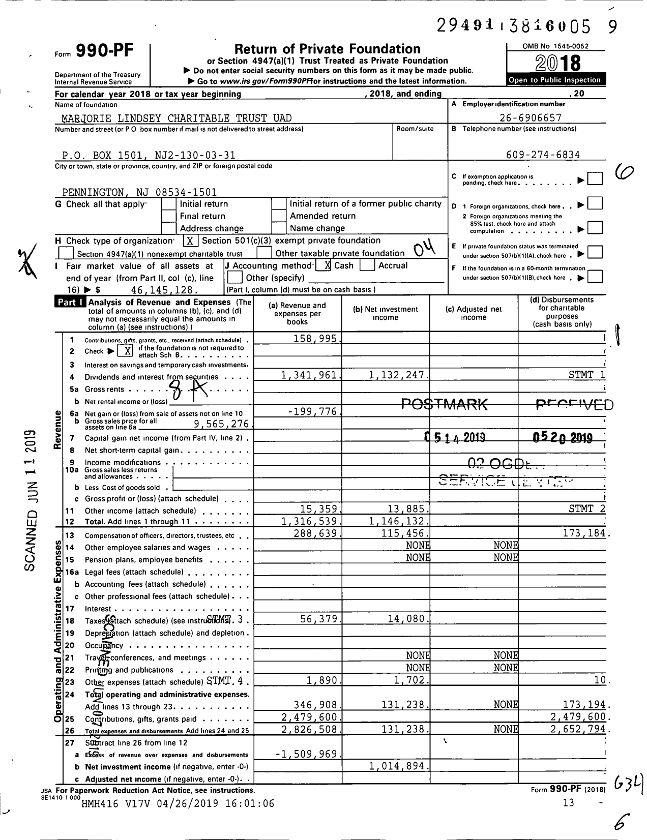 Image of first page of 2018 Form 990PF for Marjorie R. Lindsey Charitable Foundation Trust
