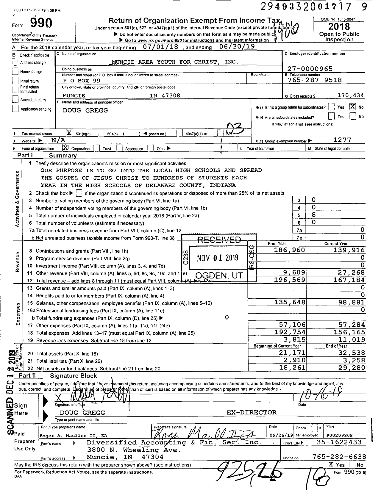 Image of first page of 2018 Form 990 for Youth for Christ - Muncie Area