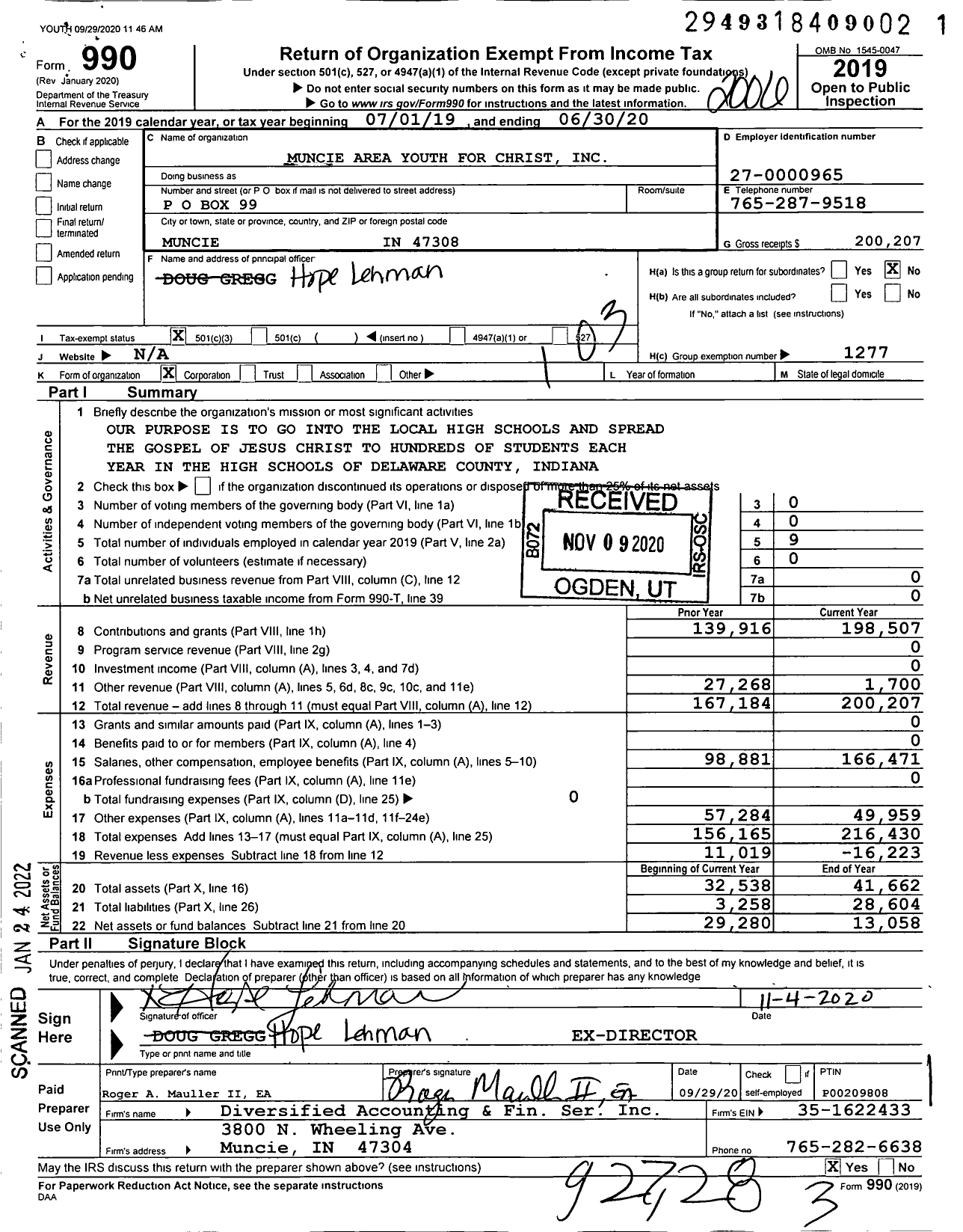 Image of first page of 2019 Form 990 for Youth for Christ - Muncie Area