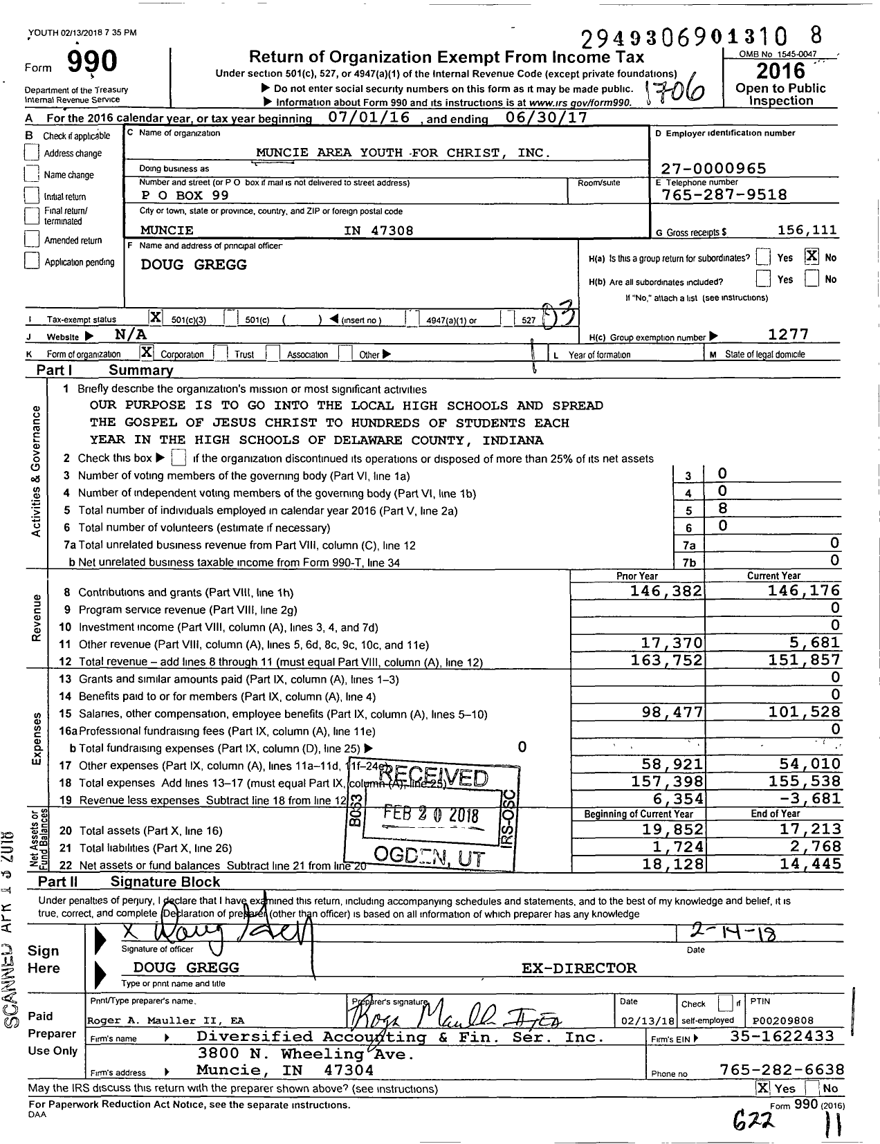 Image of first page of 2016 Form 990 for Youth for Christ - Muncie Area