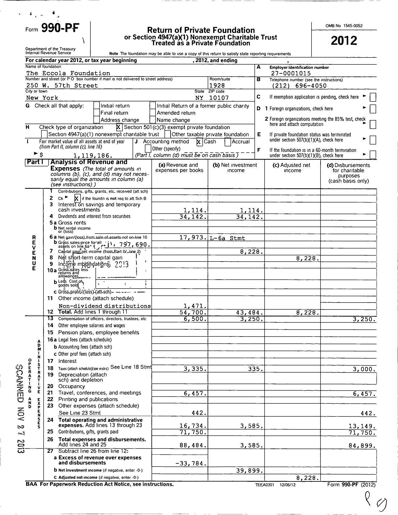 Image of first page of 2012 Form 990PF for The Eccola Foundation