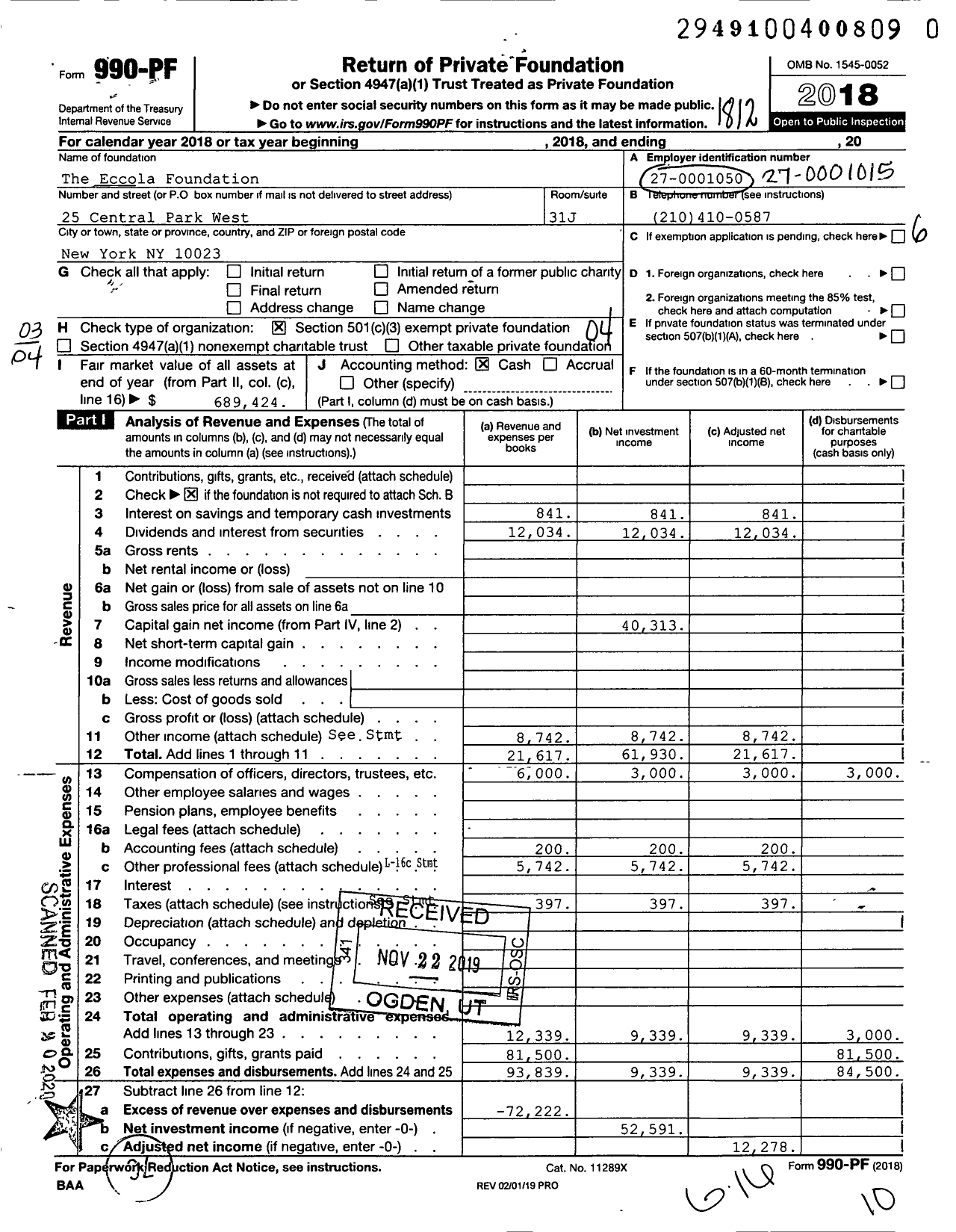 Image of first page of 2018 Form 990PR for The Eccola Foundation