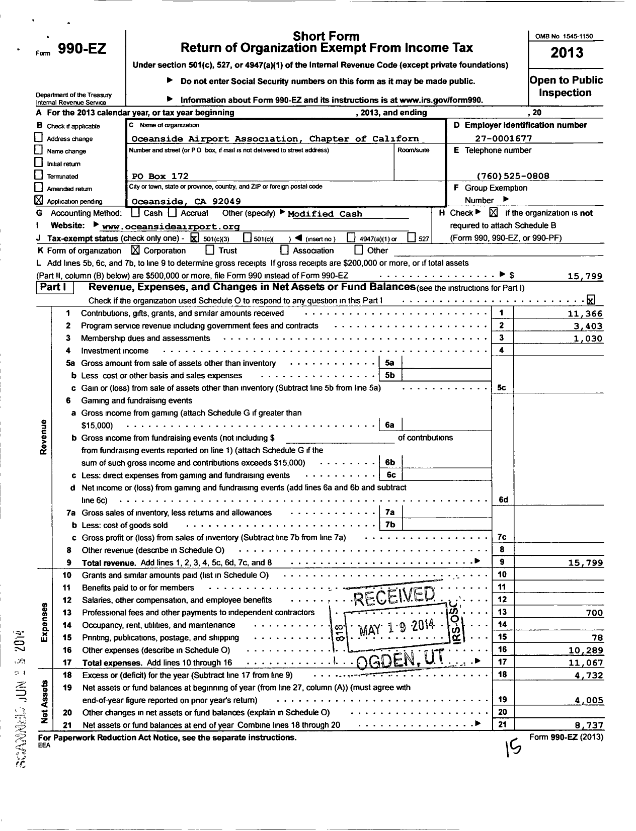 Image of first page of 2013 Form 990EZ for California Pilots Association / Oceanside Airport Association