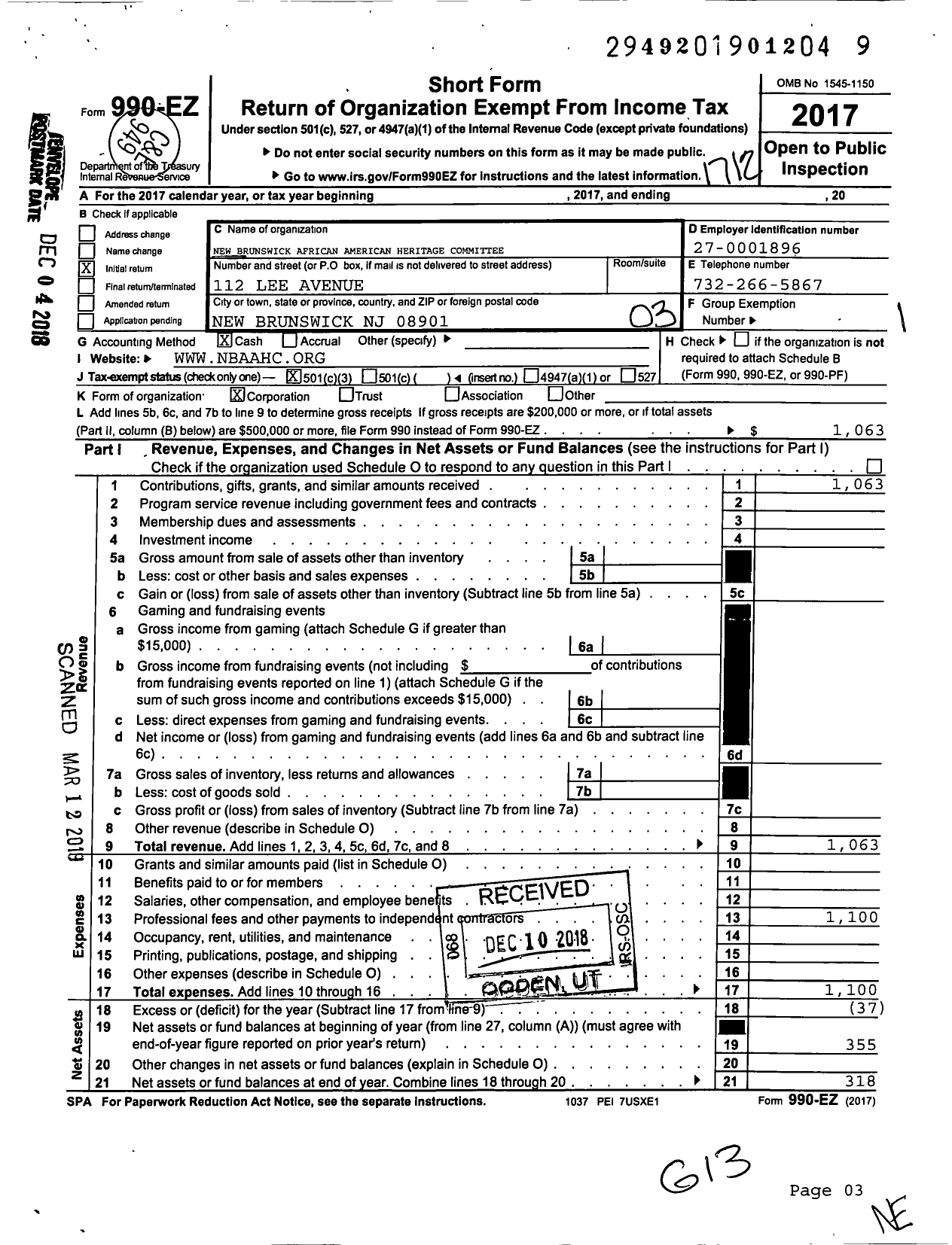 Image of first page of 2017 Form 990EZ for New Brunswick African American Heritage Committee