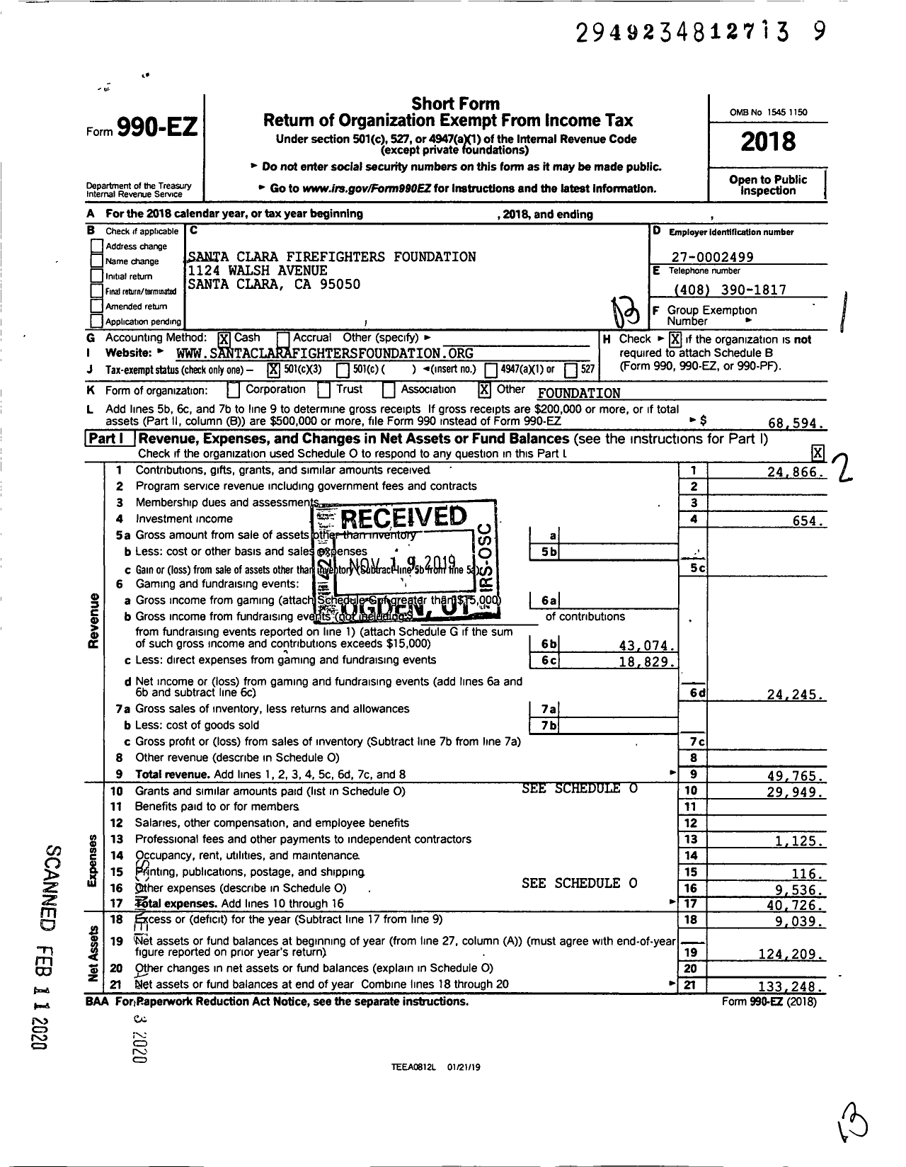 Image of first page of 2018 Form 990EZ for Santa Clara Firefighters Foundation