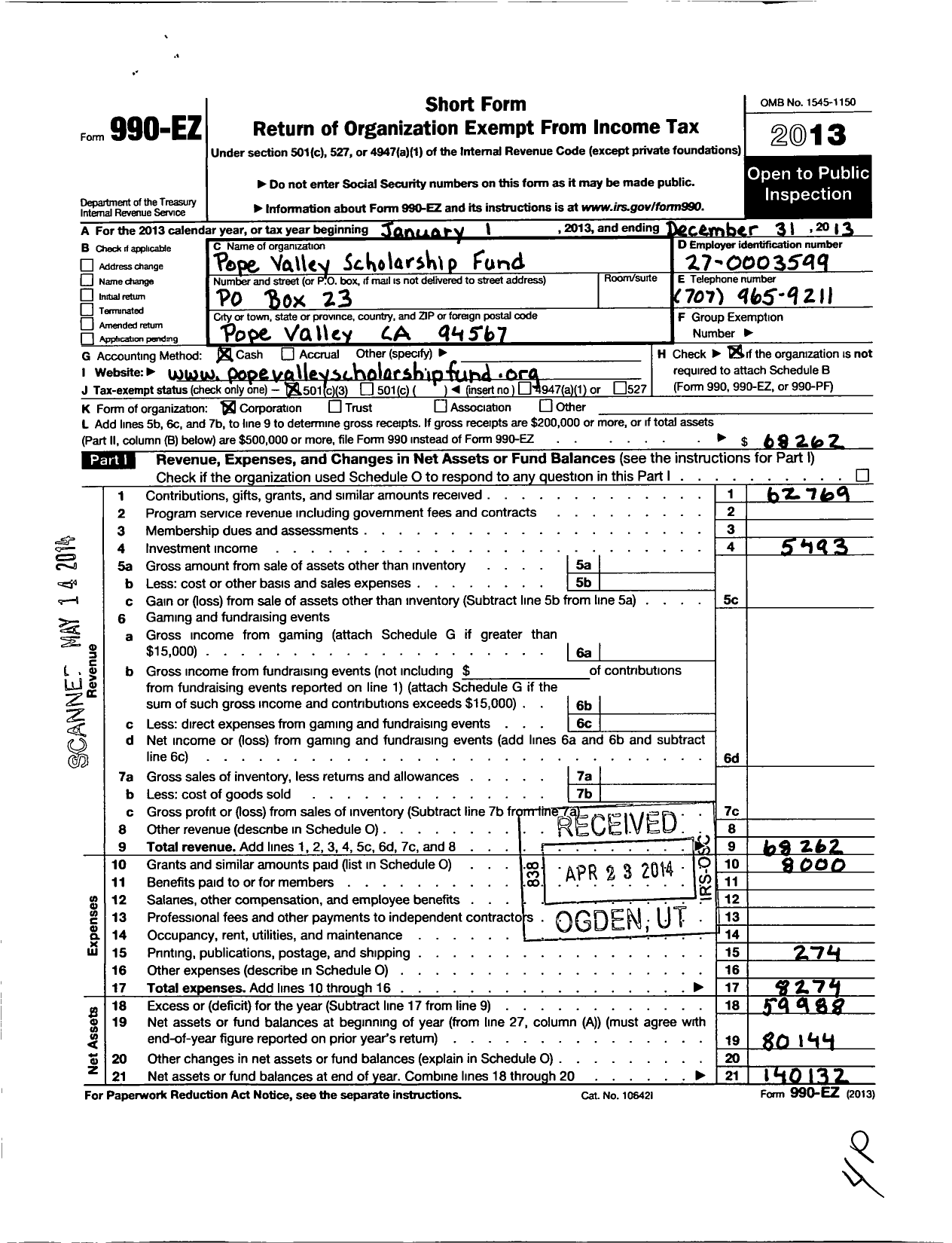 Image of first page of 2013 Form 990EZ for Pope Valley Scholarship Fund