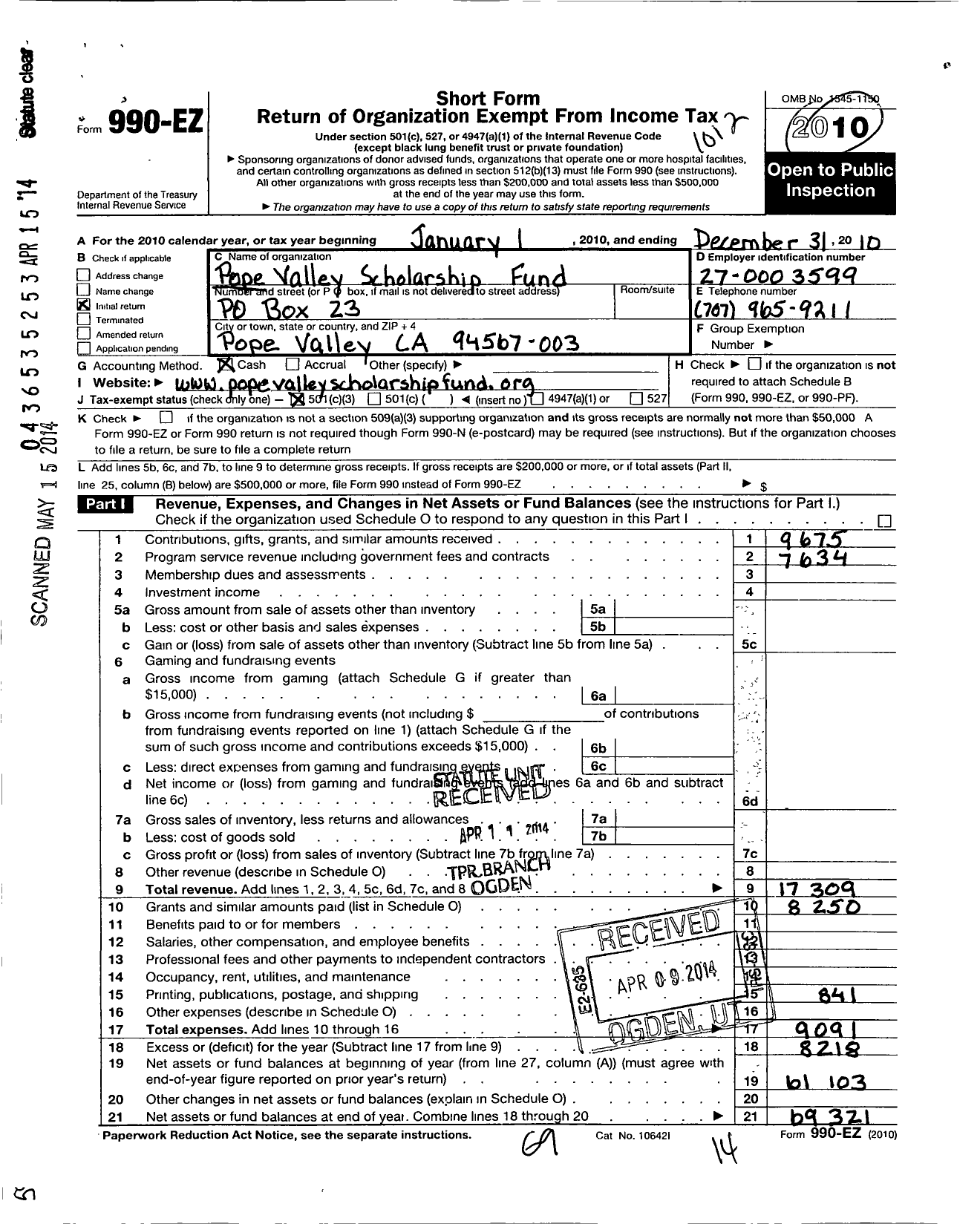 Image of first page of 2010 Form 990EZ for Pope Valley Scholarship Fund