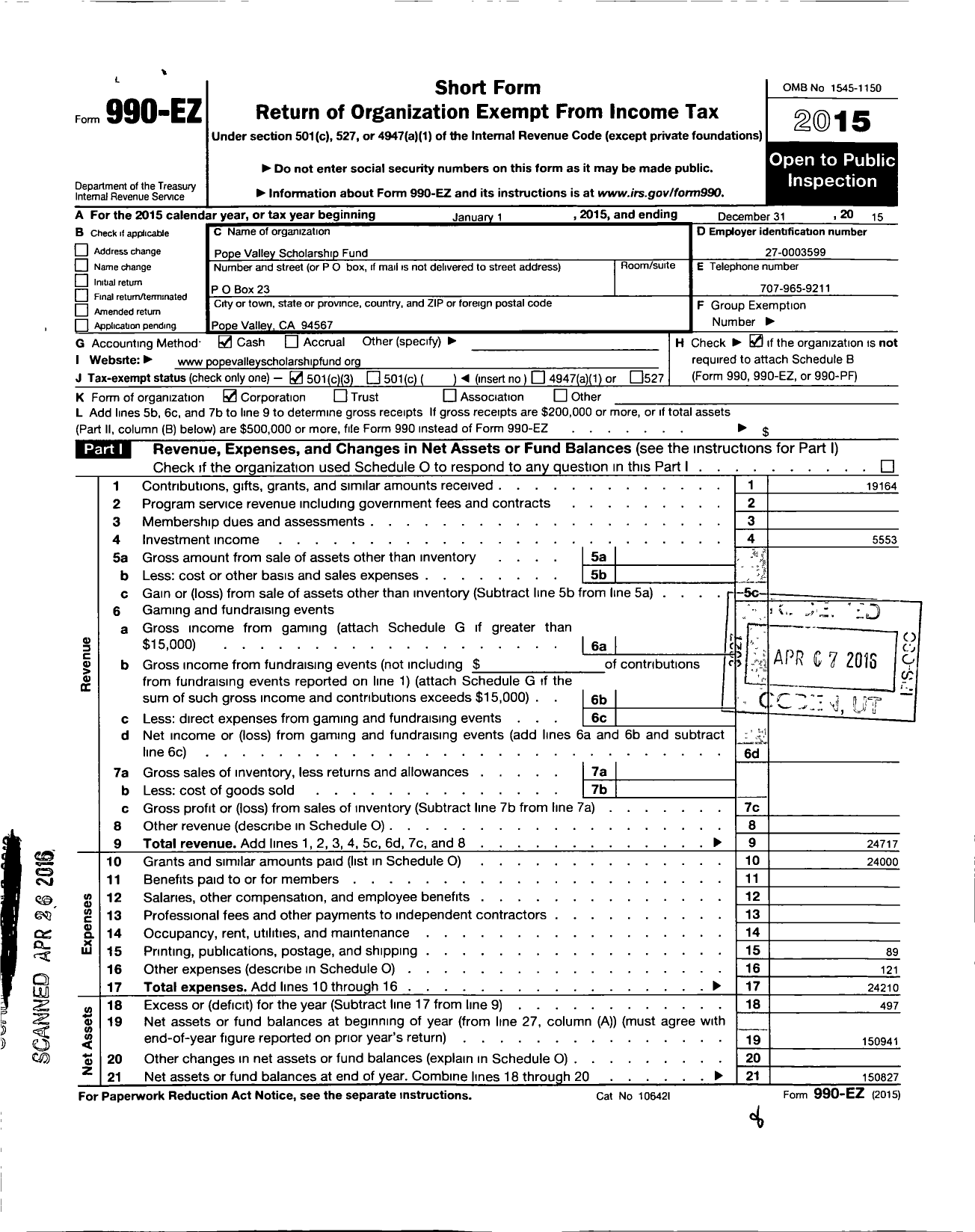 Image of first page of 2015 Form 990EZ for Pope Valley Scholarship Fund