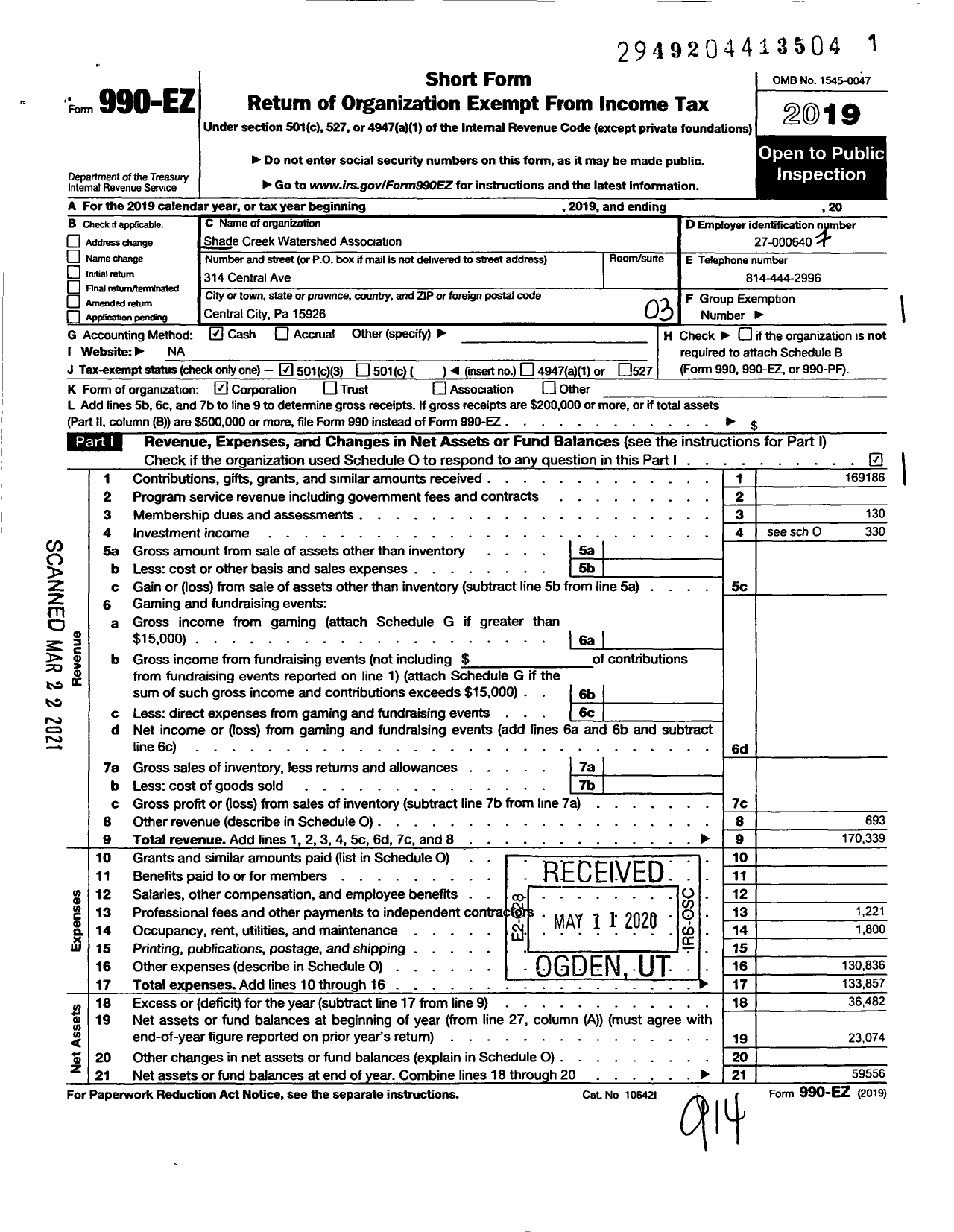 Image of first page of 2019 Form 990EZ for Shade Creek Watershed Association