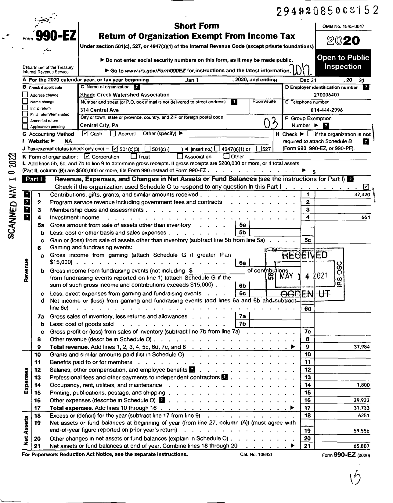 Image of first page of 2020 Form 990EZ for Shade Creek Watershed Association