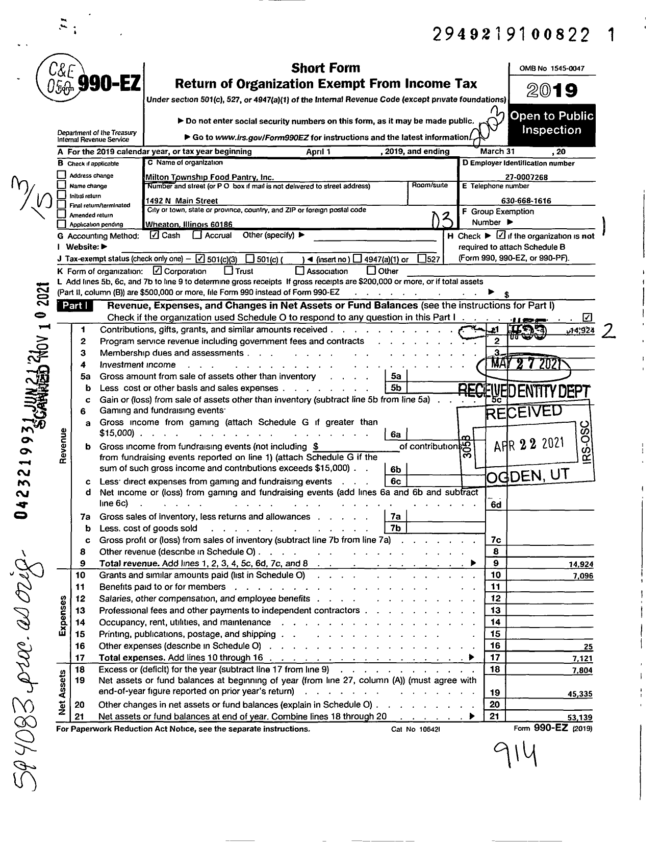 Image of first page of 2019 Form 990EZ for Milton Township Food Pantry