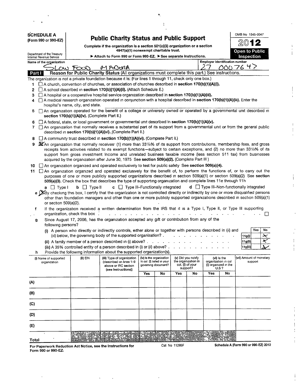 Image of first page of 2011 Form 990ER for Slow Food USA