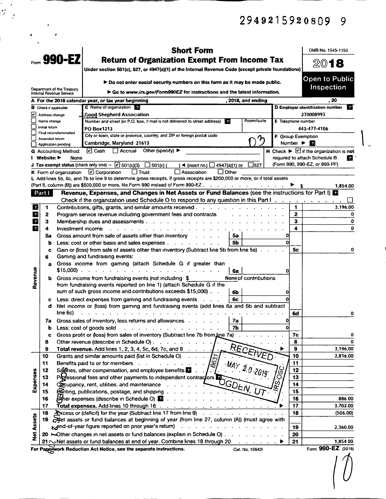 Image of first page of 2018 Form 990EZ for Good Shepherd Association