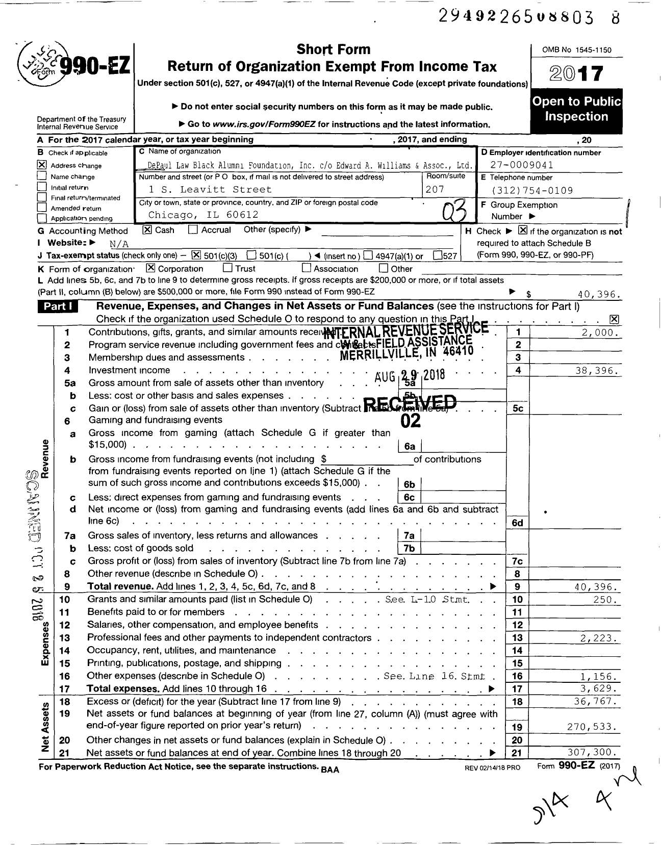 Image of first page of 2017 Form 990EZ for DePaul Law Black Alumni Foundation