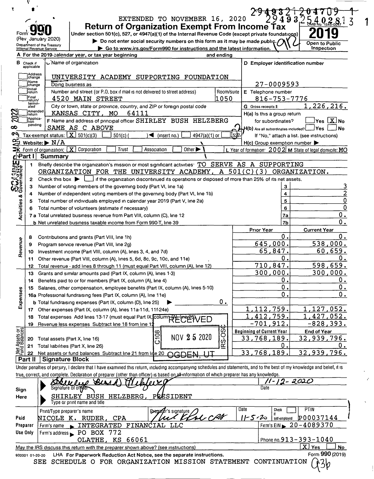 Image of first page of 2019 Form 990 for University Academy Supporting Foundation