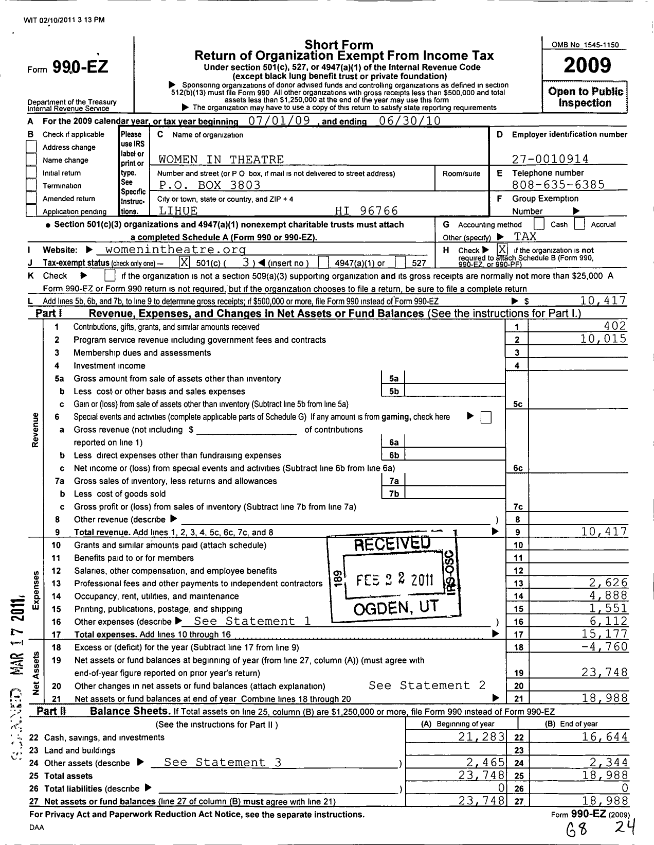 Image of first page of 2009 Form 990EZ for Women in Theatre