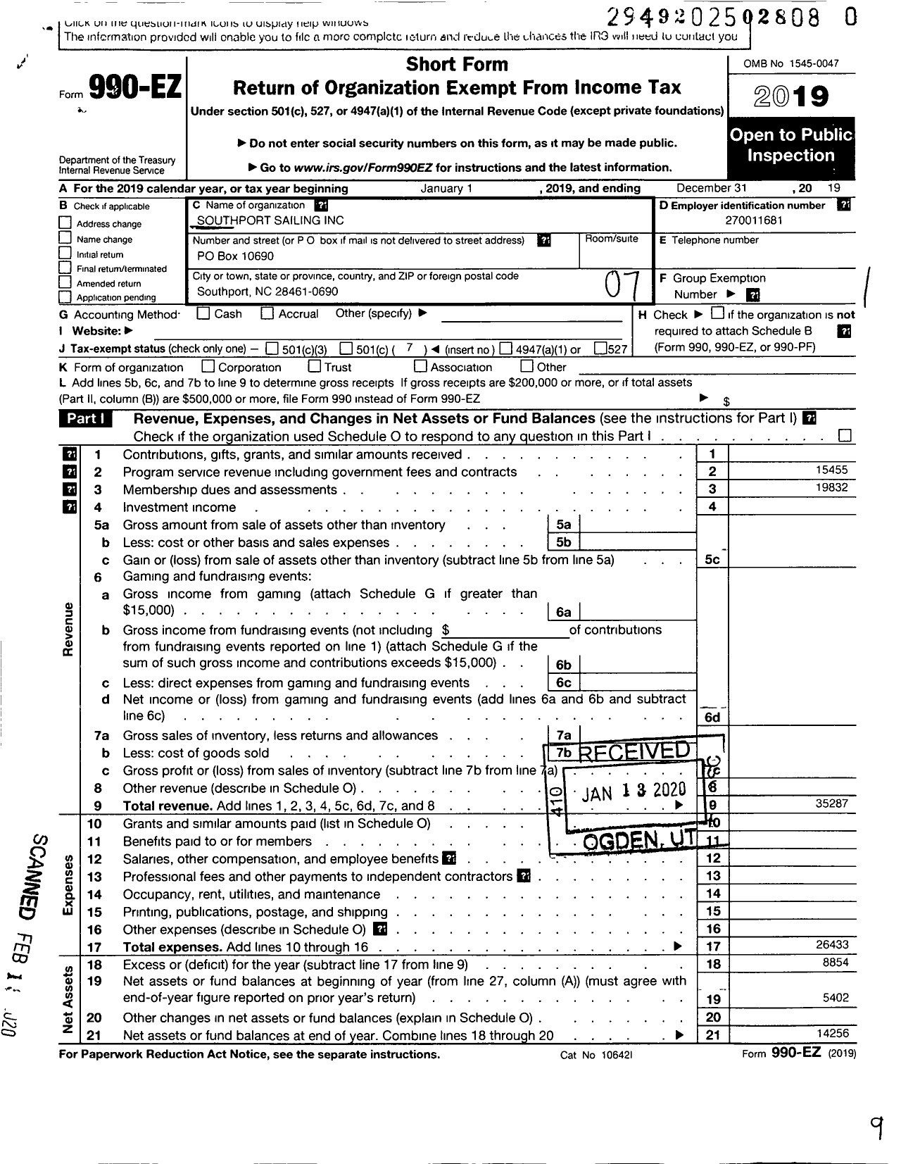 Image of first page of 2019 Form 990EO for Southport Sailing