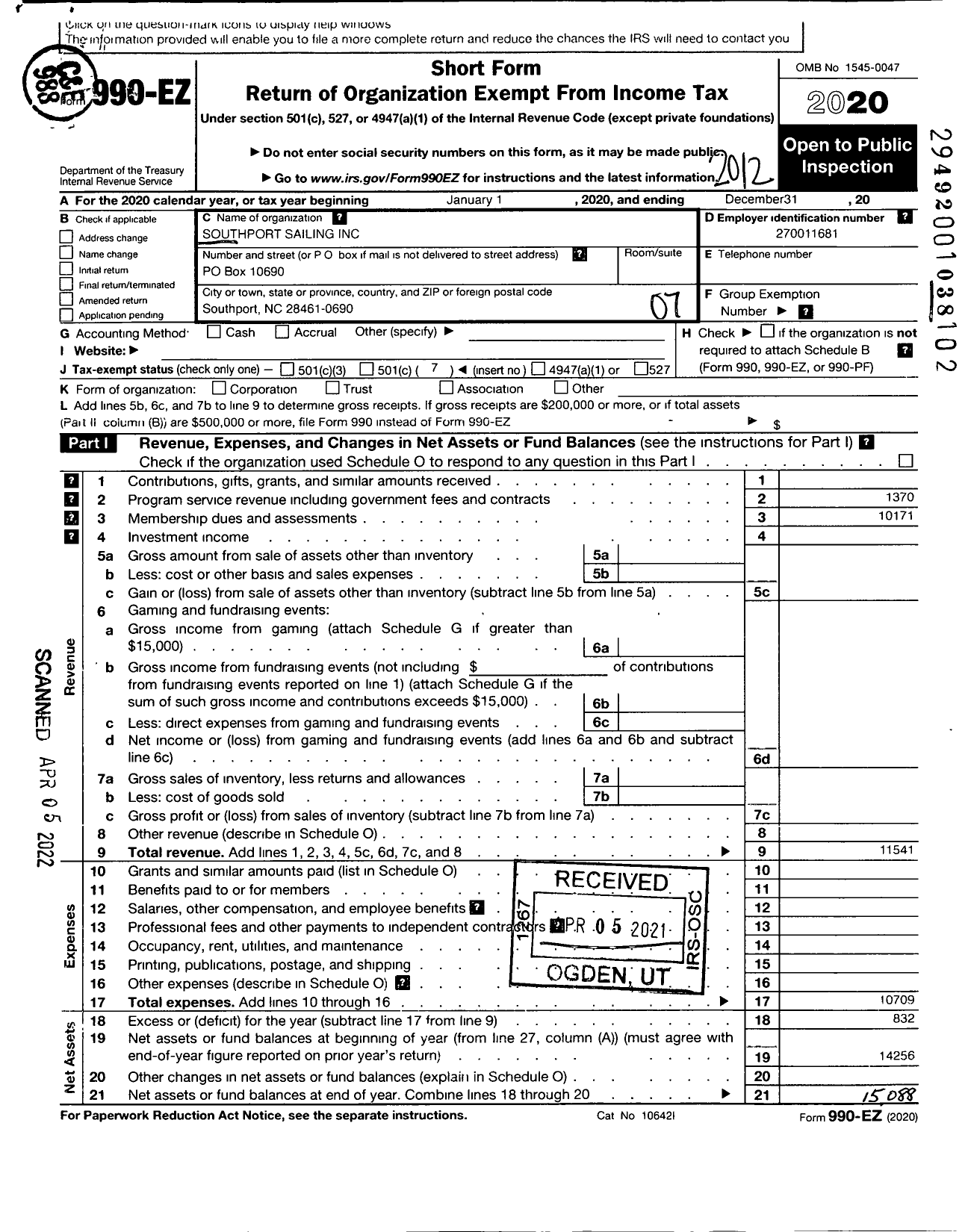 Image of first page of 2020 Form 990EO for Southport Sailing