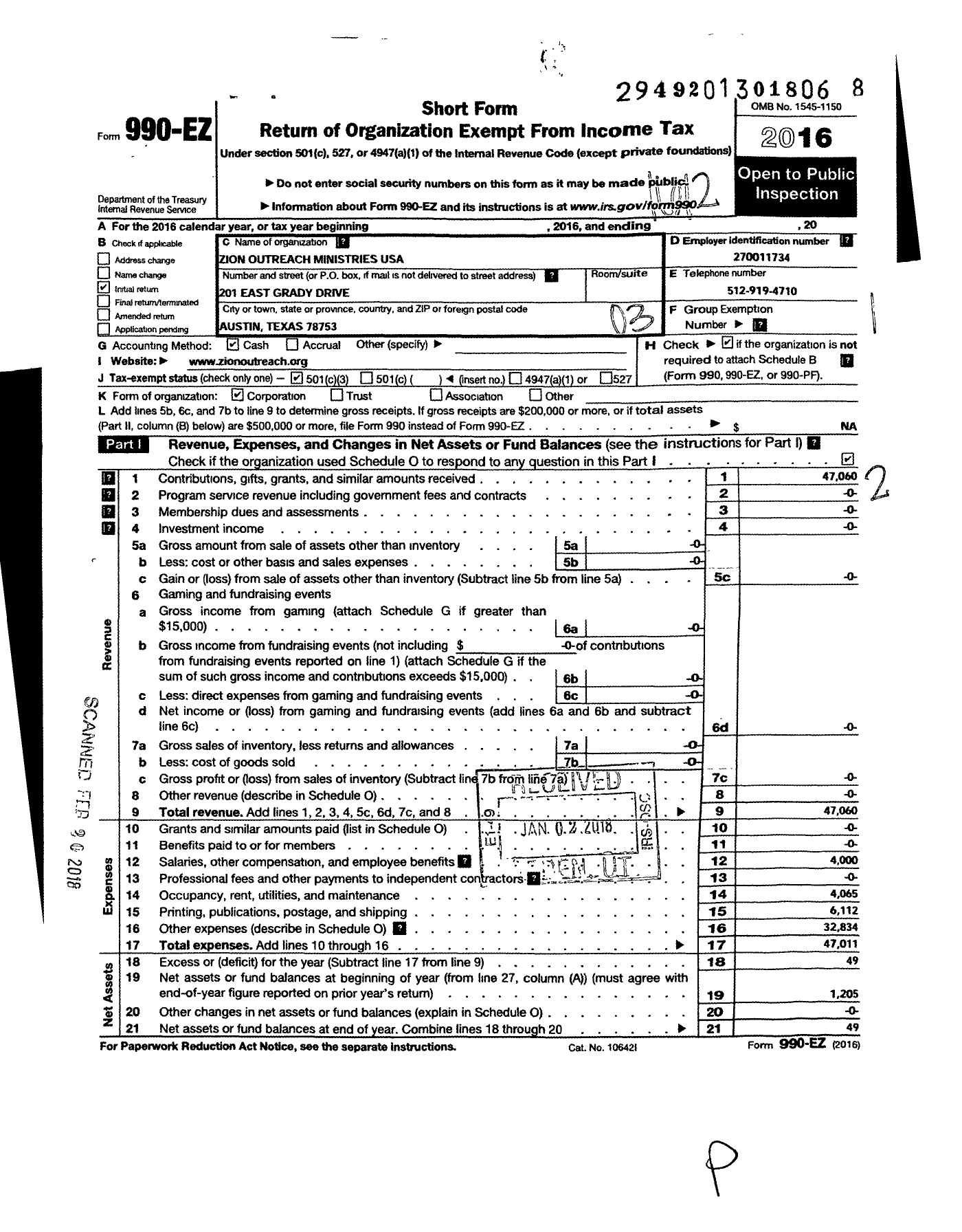 Image of first page of 2016 Form 990EZ for Zion Outreach Ministries USA