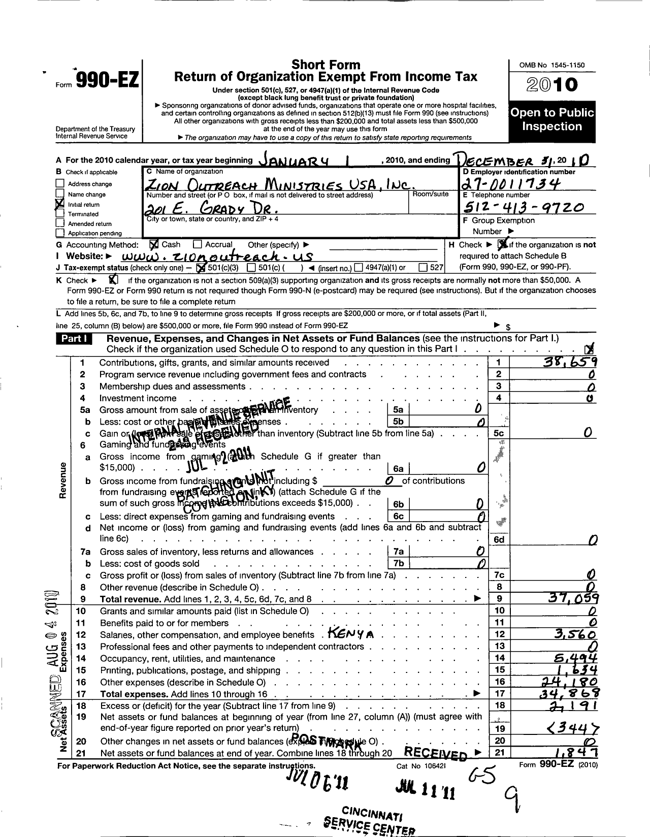 Image of first page of 2010 Form 990EZ for Zion Outreach Ministries USA