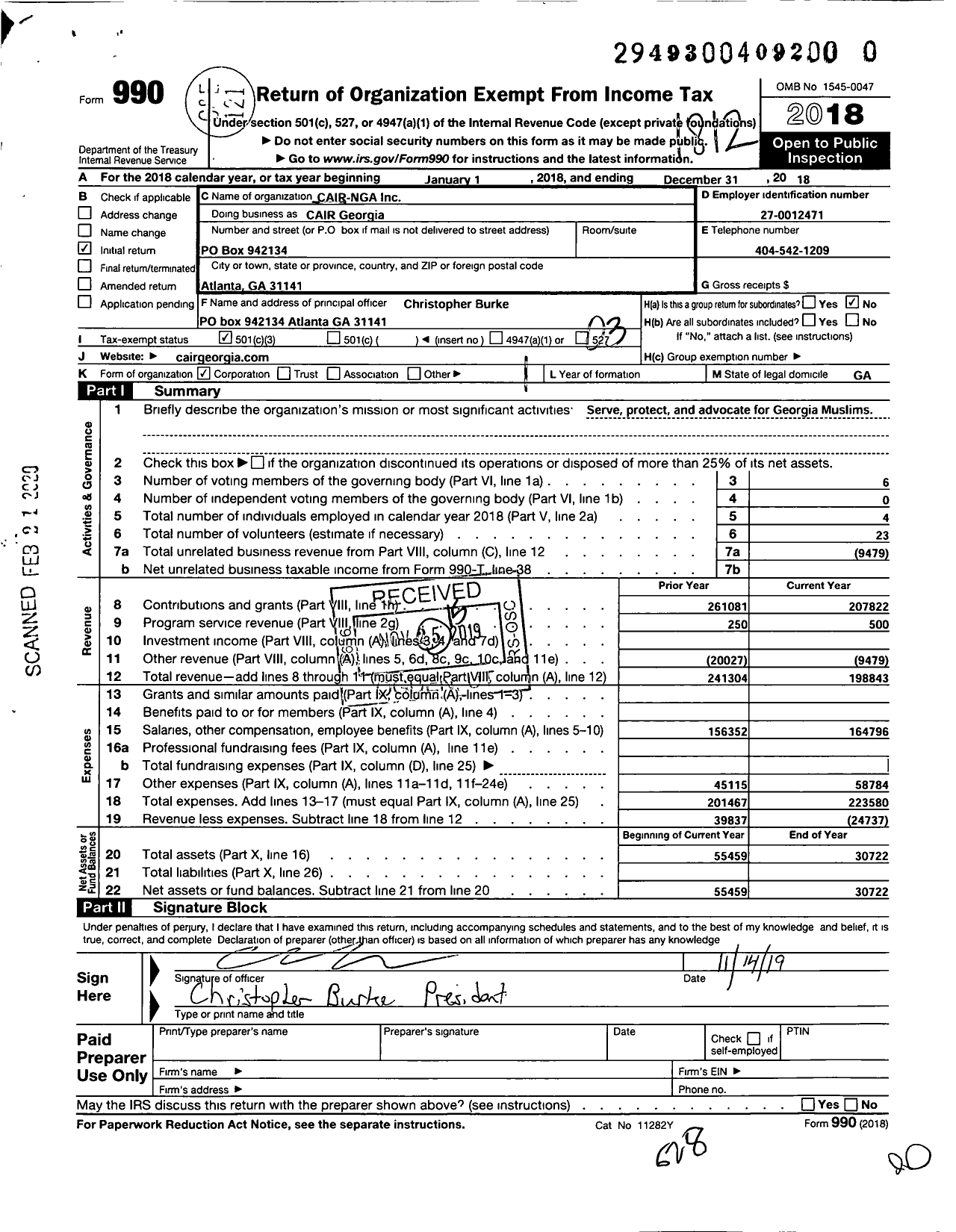 Image of first page of 2018 Form 990 for CAIR Georgia