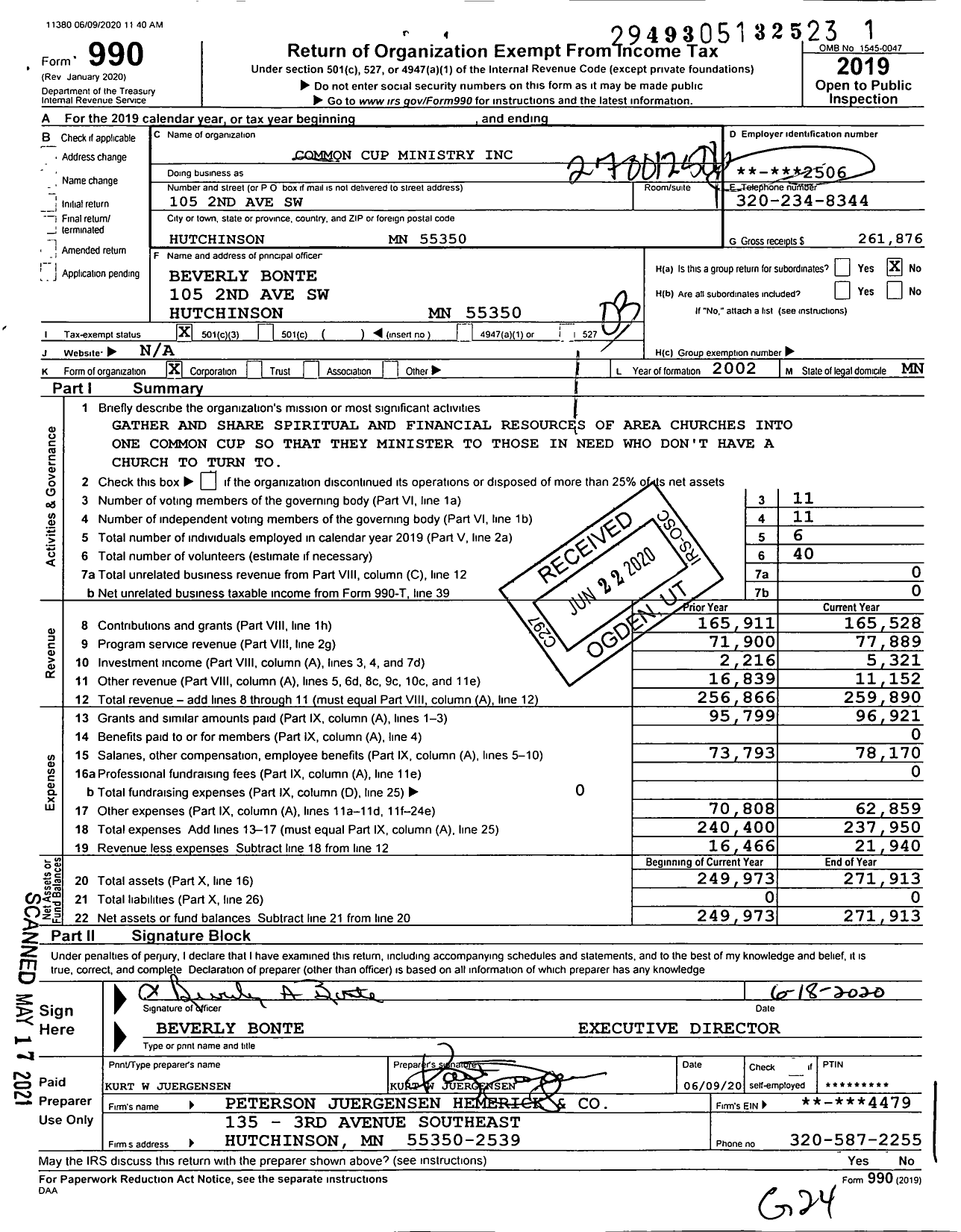 Image of first page of 2019 Form 990 for Common Cup Ministry