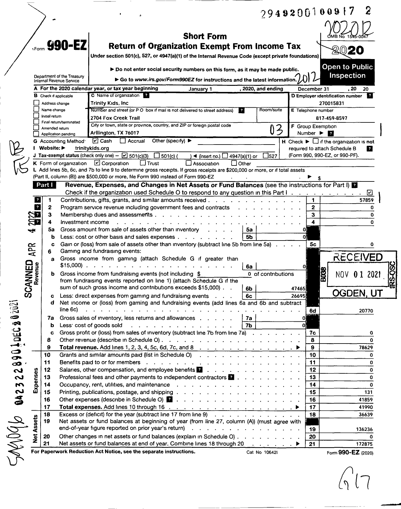 Image of first page of 2020 Form 990EZ for Trinity Kids