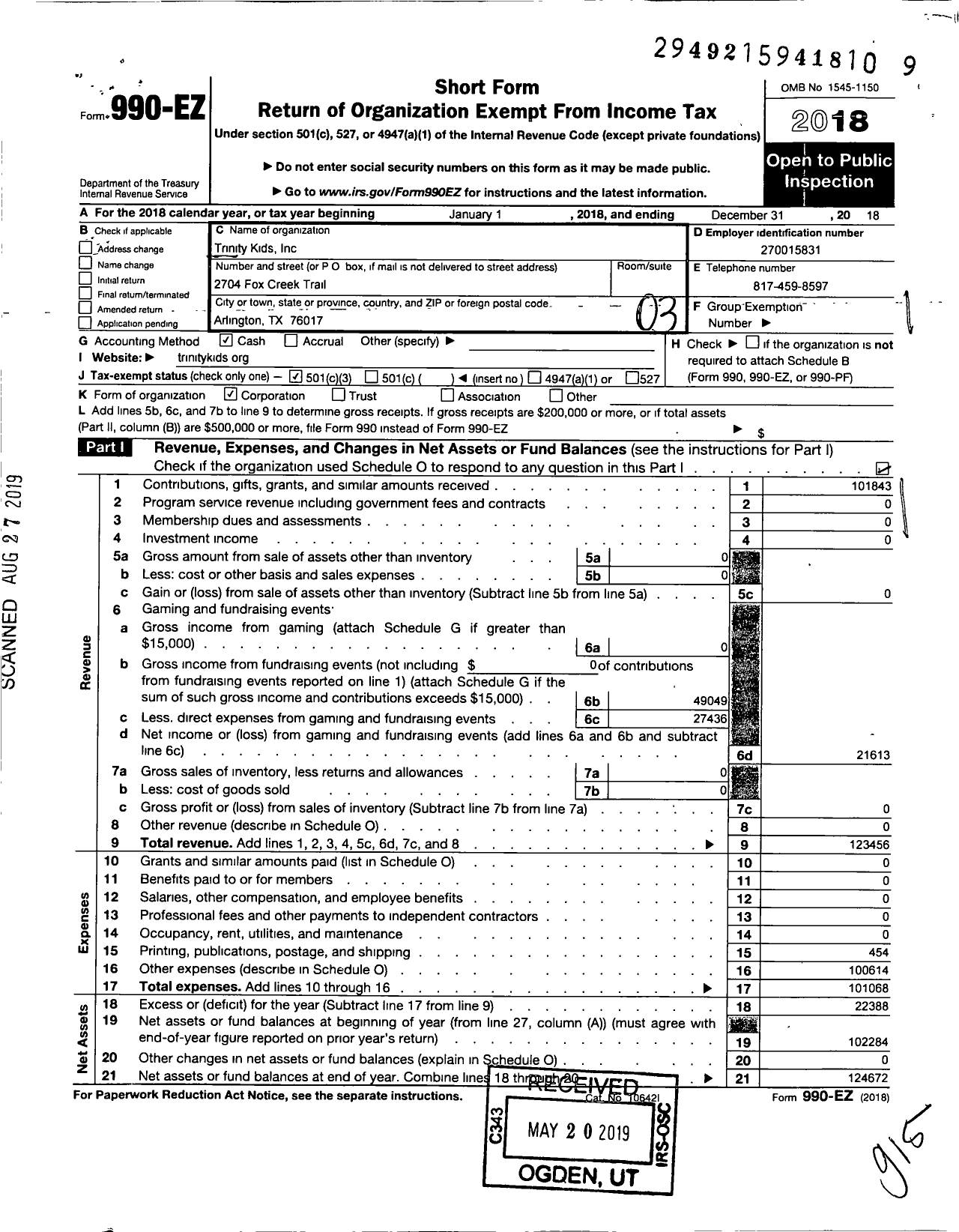 Image of first page of 2018 Form 990EZ for Trinity Kids