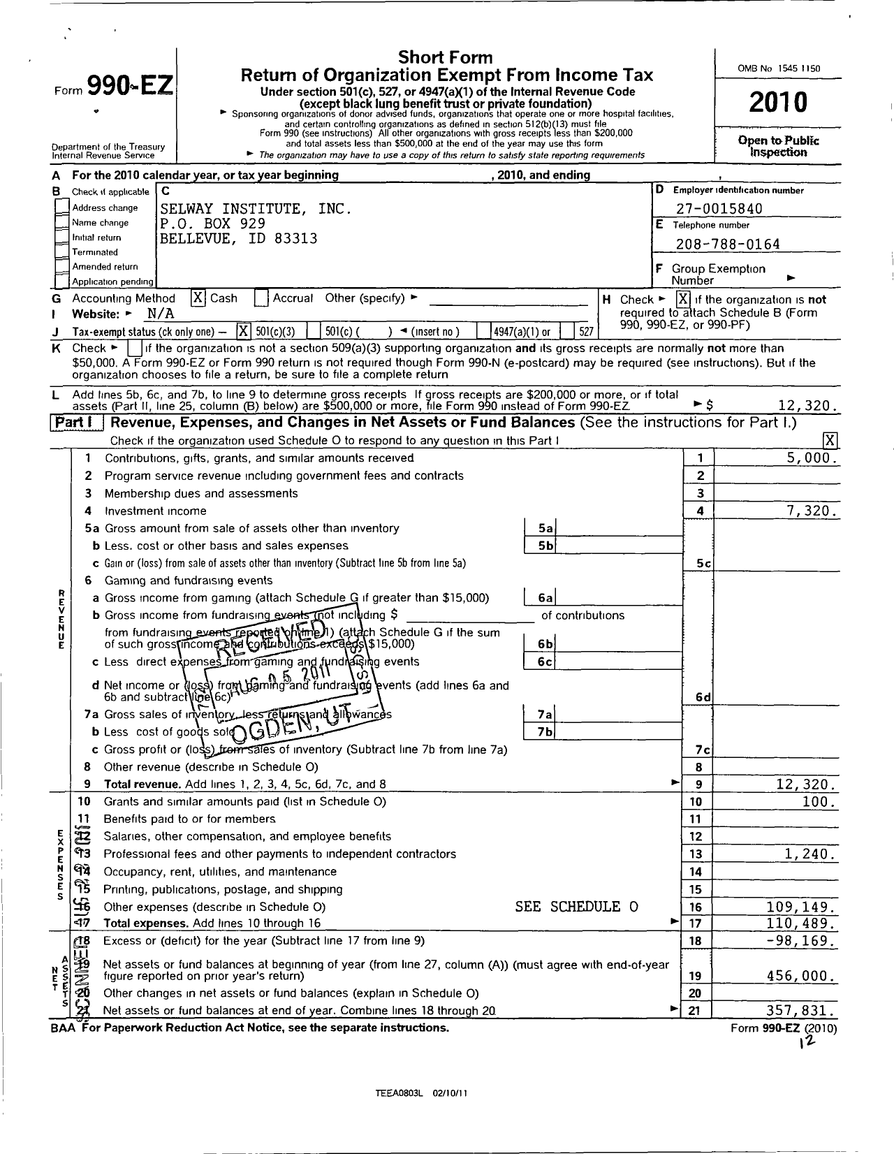 Image of first page of 2010 Form 990EZ for Selway Institute