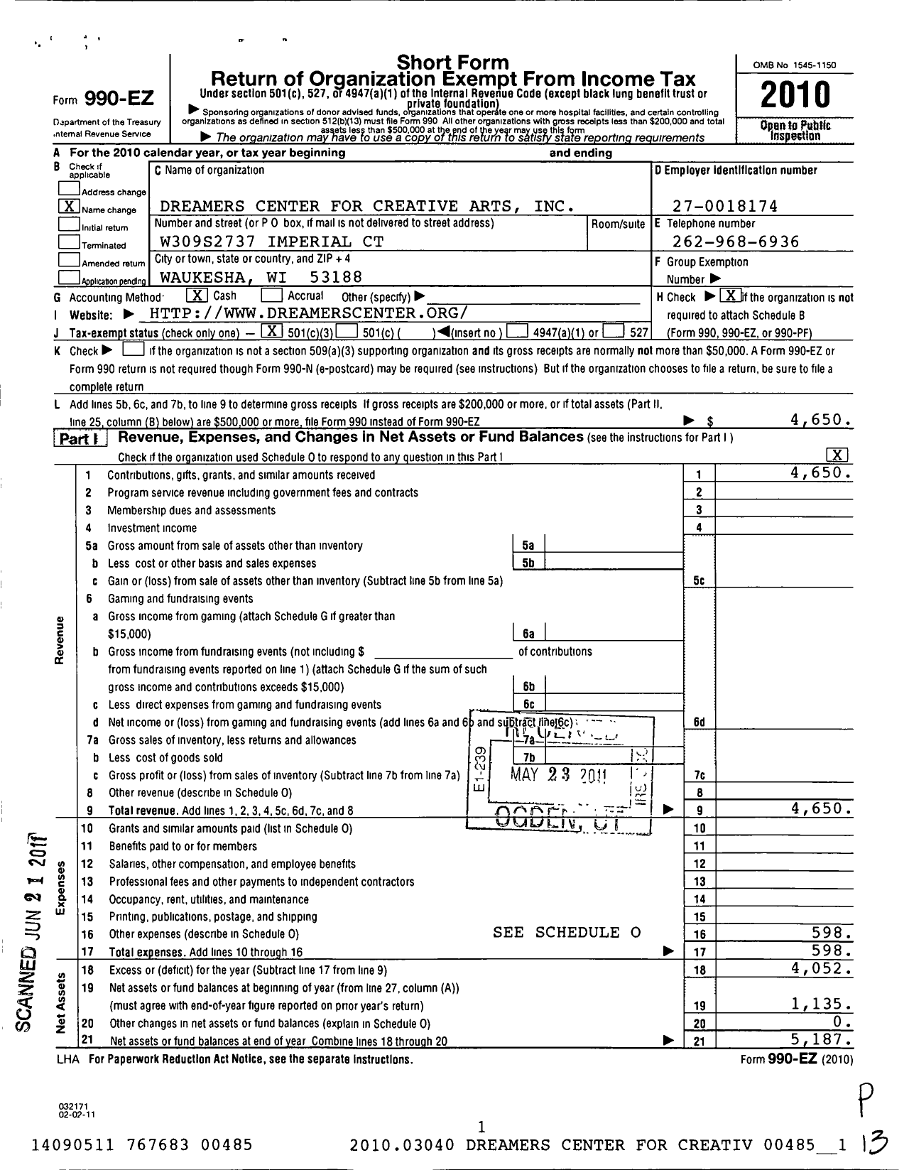 Image of first page of 2010 Form 990EZ for Dreamers Center for Creative Arts