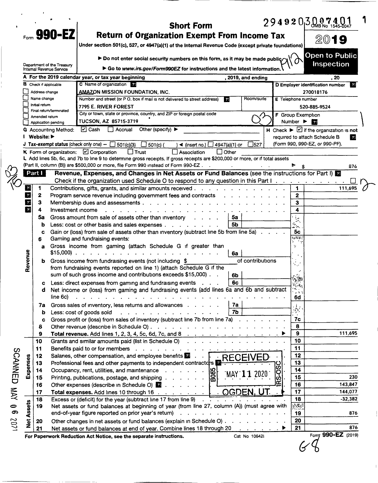 Image of first page of 2019 Form 990EZ for Amazon Mission