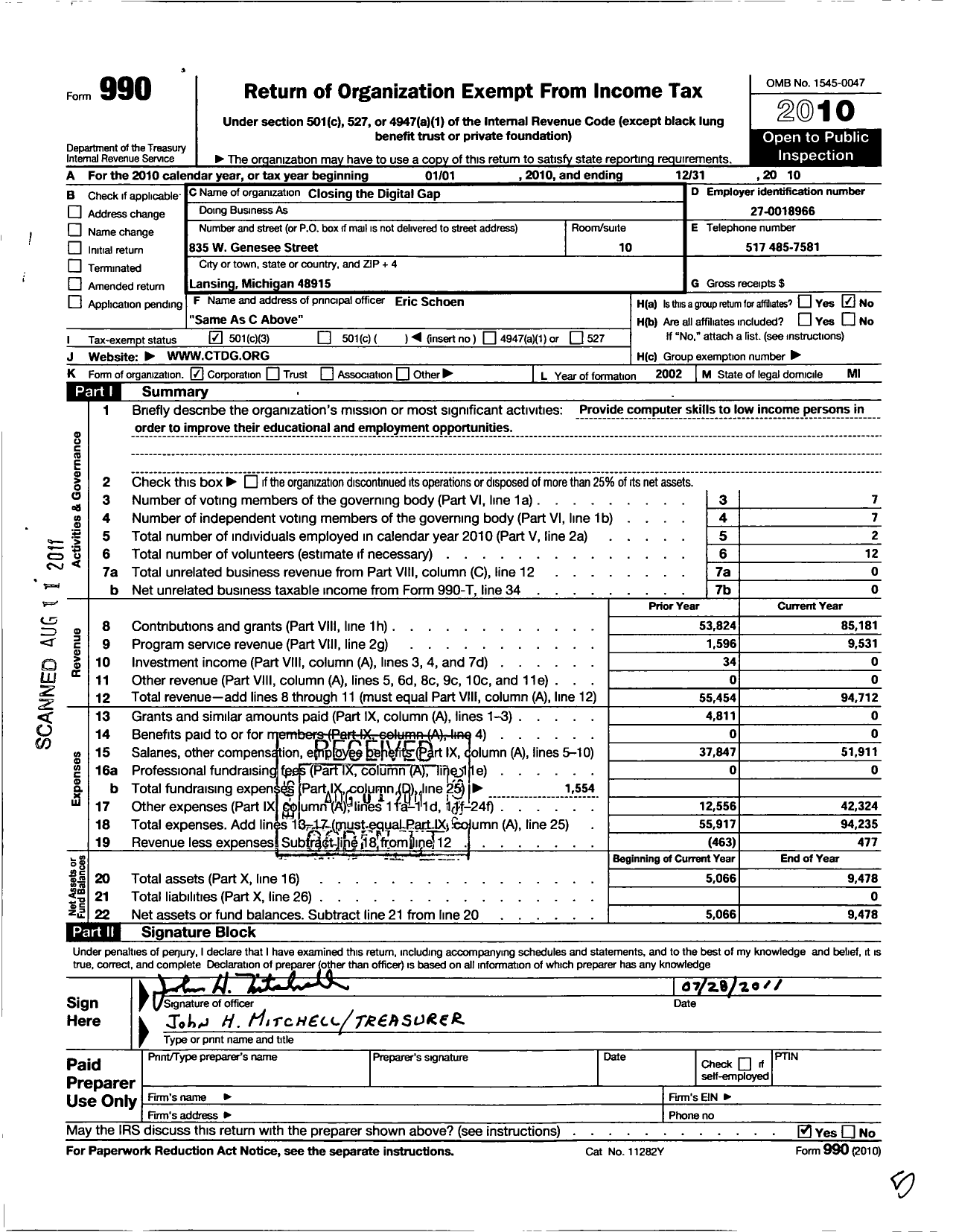 Image of first page of 2010 Form 990 for Closing The Digital Gap