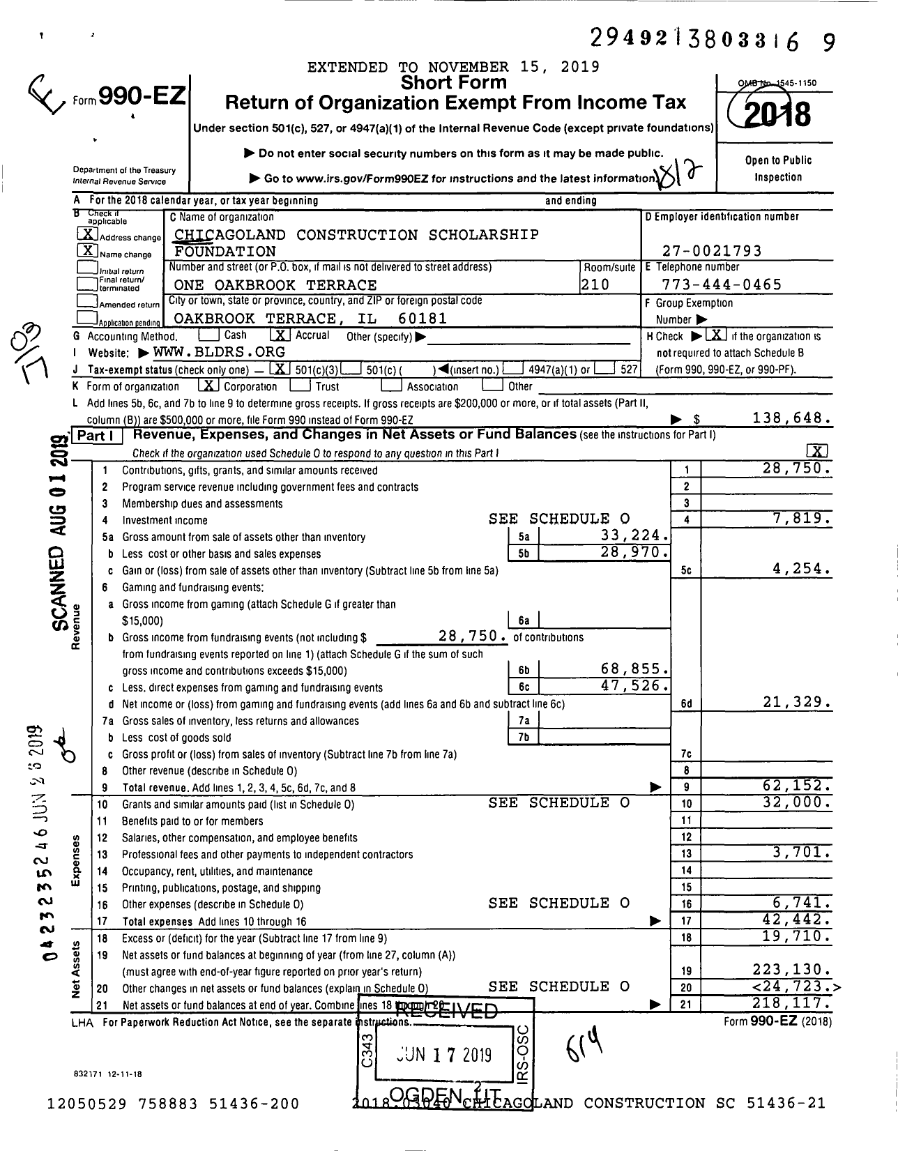 Image of first page of 2018 Form 990EZ for Chicagoland Construction Scholarship Foundation