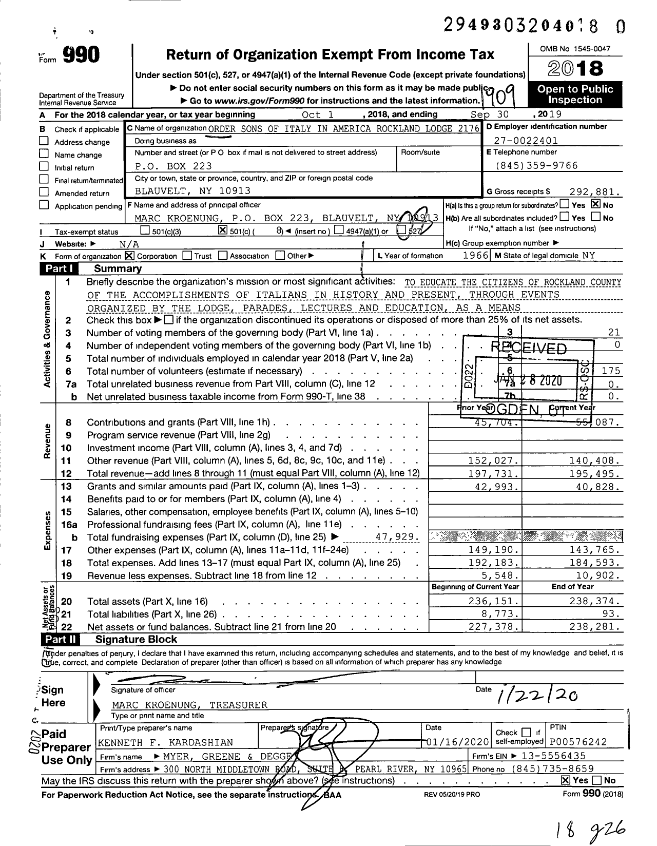 Image of first page of 2018 Form 990O for Order Sons and Daughters of Italy in America - 2176 Rockland Lodge