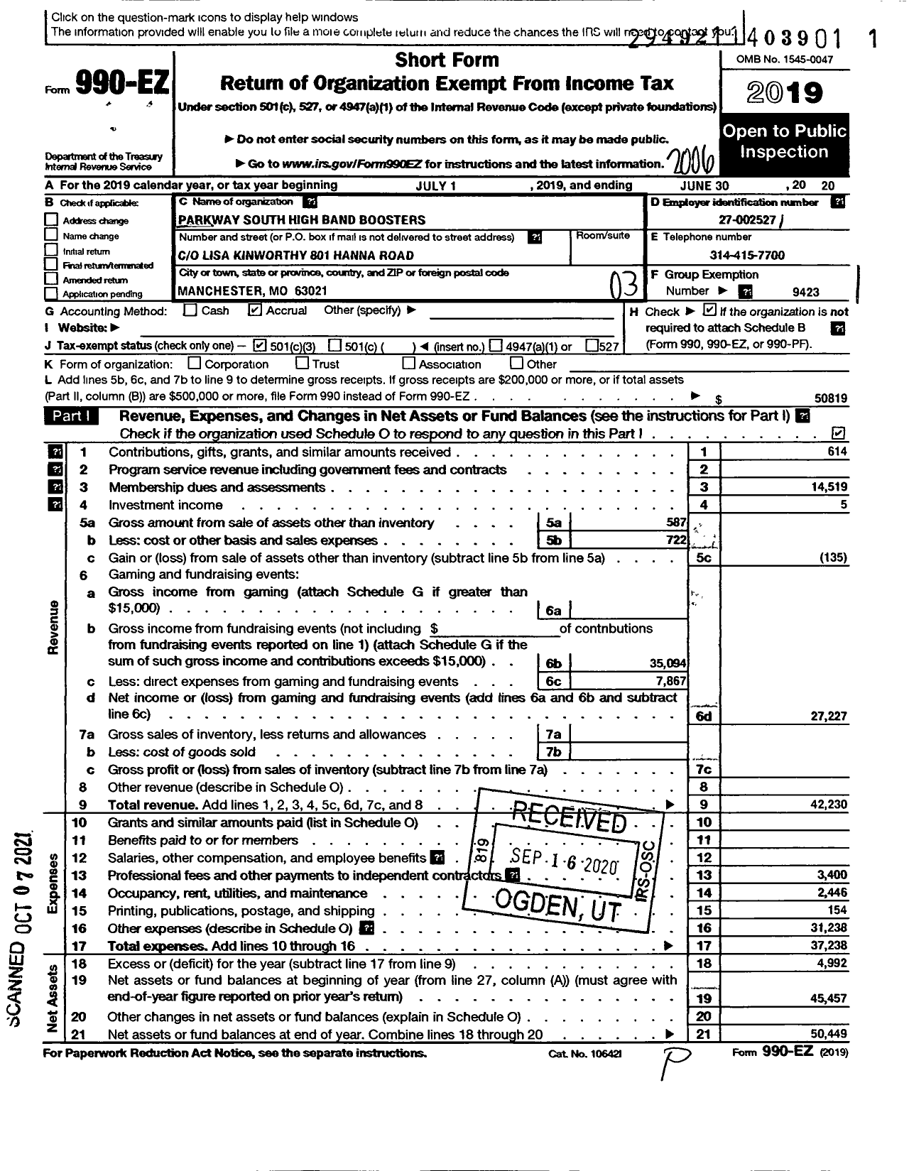 Image of first page of 2019 Form 990EZ for Parkway South High Band Boosters