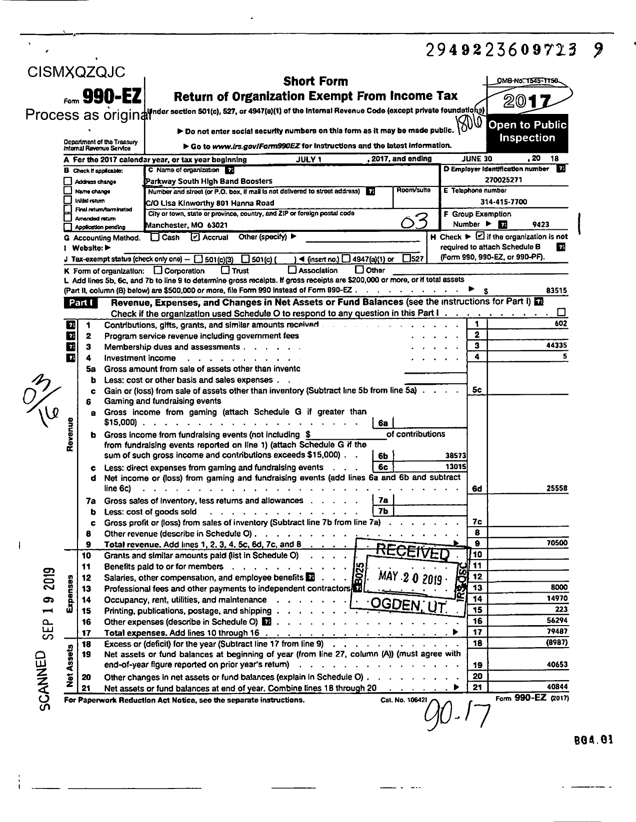 Image of first page of 2017 Form 990EZ for Parkway School District Parent Teachers Organization Council Parkway South High Band Boosters