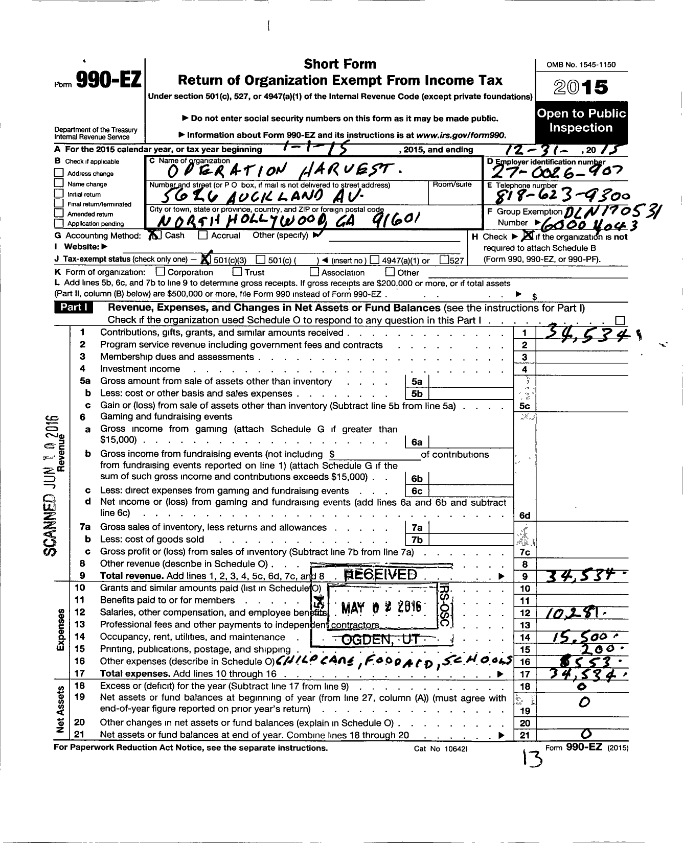 Image of first page of 2015 Form 990EZ for Operation Harvest